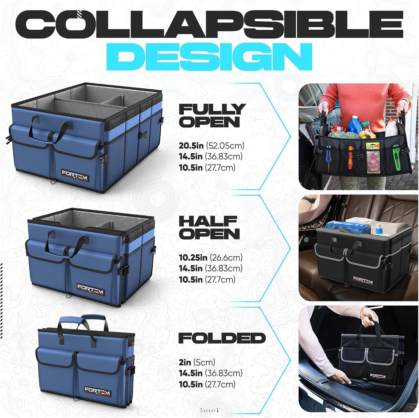 FORTEM Trunk Organizer For SUV Car Trunk Organizer, Foldable Storage, Car Accessories for Women Men, Collapsible Bag, 600D Oxford, Non Slip Bottom, Straps, Soft Cover (50L)