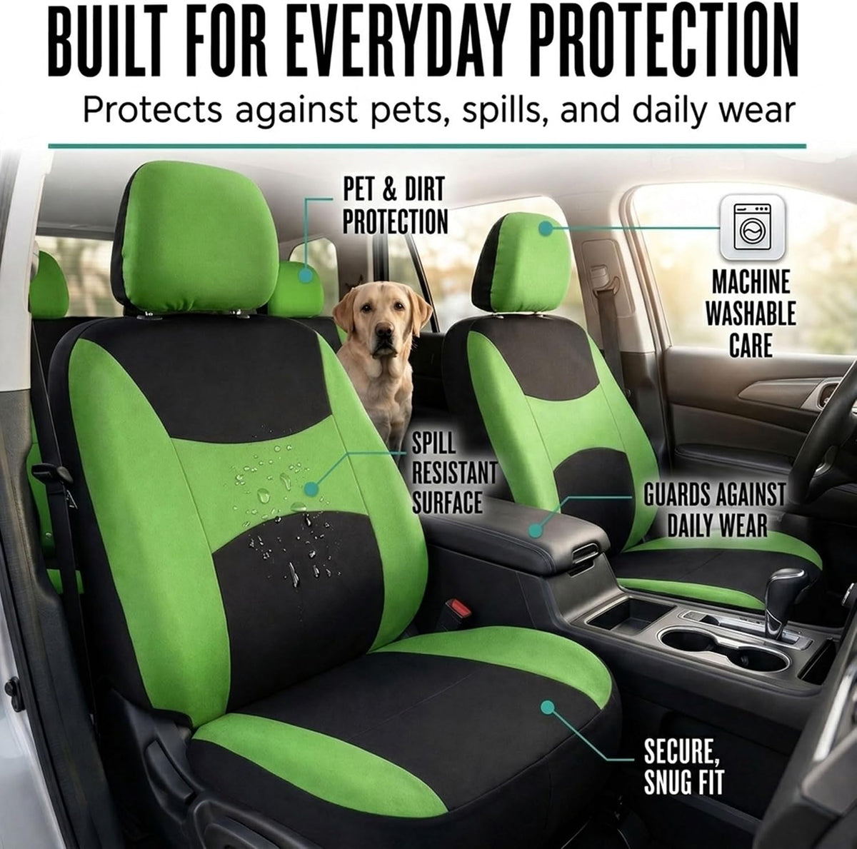 Automotive Seat Covers Green Universal Fit Combo Set with Steering Wheel Cover and Seat Belt Pad fits most Cars, SUVs, and Trucks (Airbag Compatible and Split Bench) FH Group FB030GREEN-COMBO
