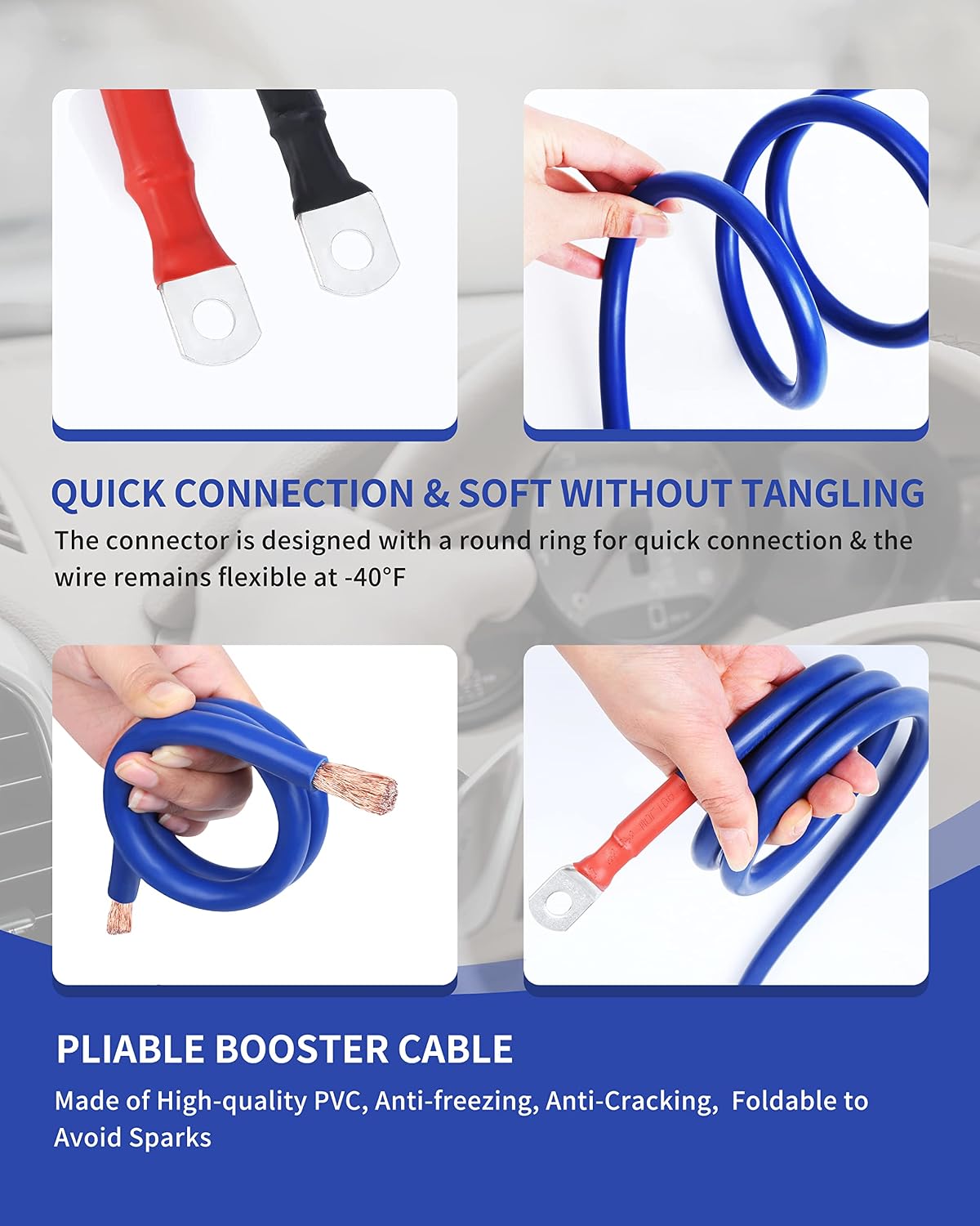 SAFEMATE 2/0 Gauge 30 FT Heavy Duty Jumper Cables - 1500Amp Booster Jumper Cable for Car, SUV and Trucks Battery - Quick Connect, Blue