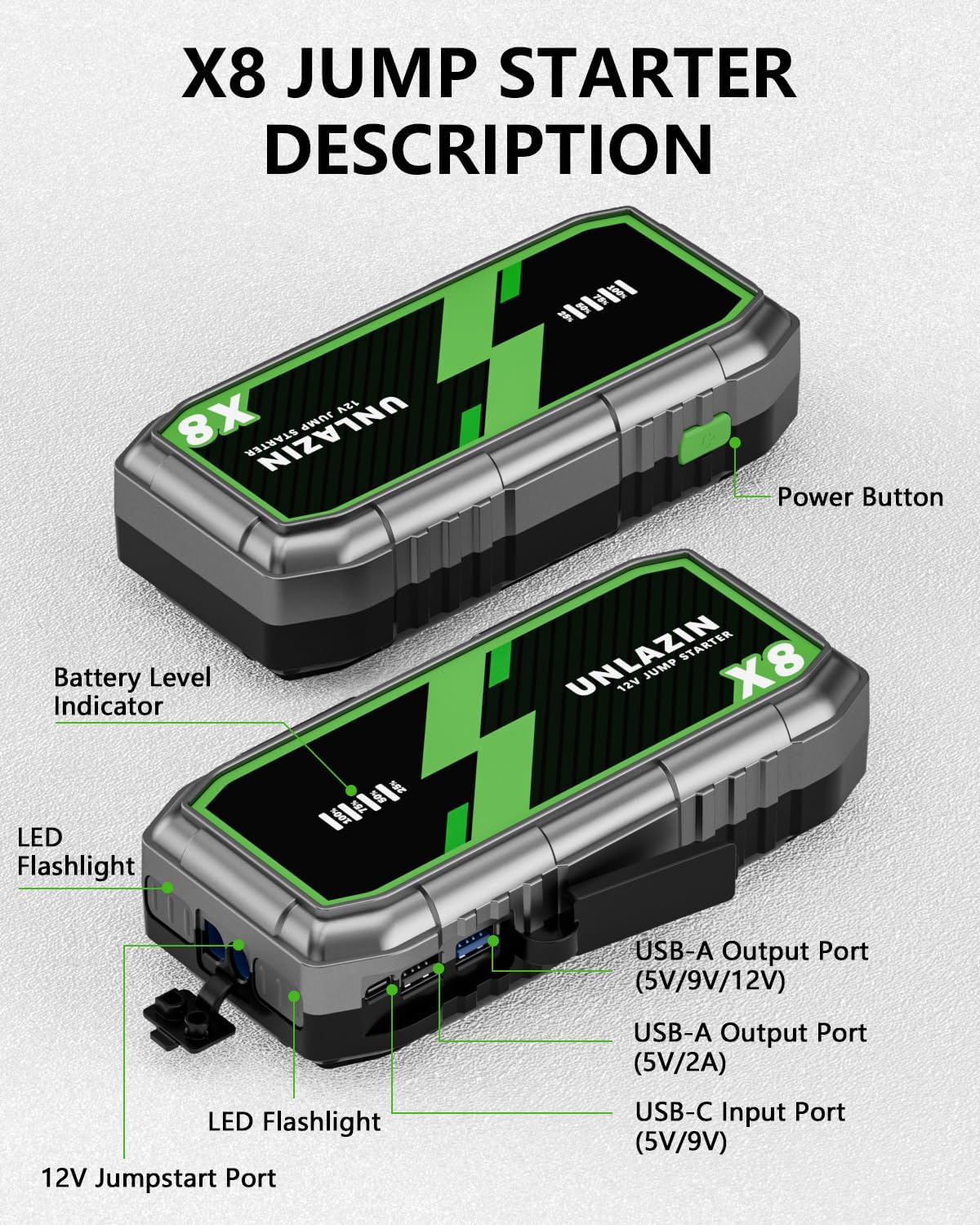 X8 10000A Portable Jump Starter with Force Start, All Gas & Diesel Engines