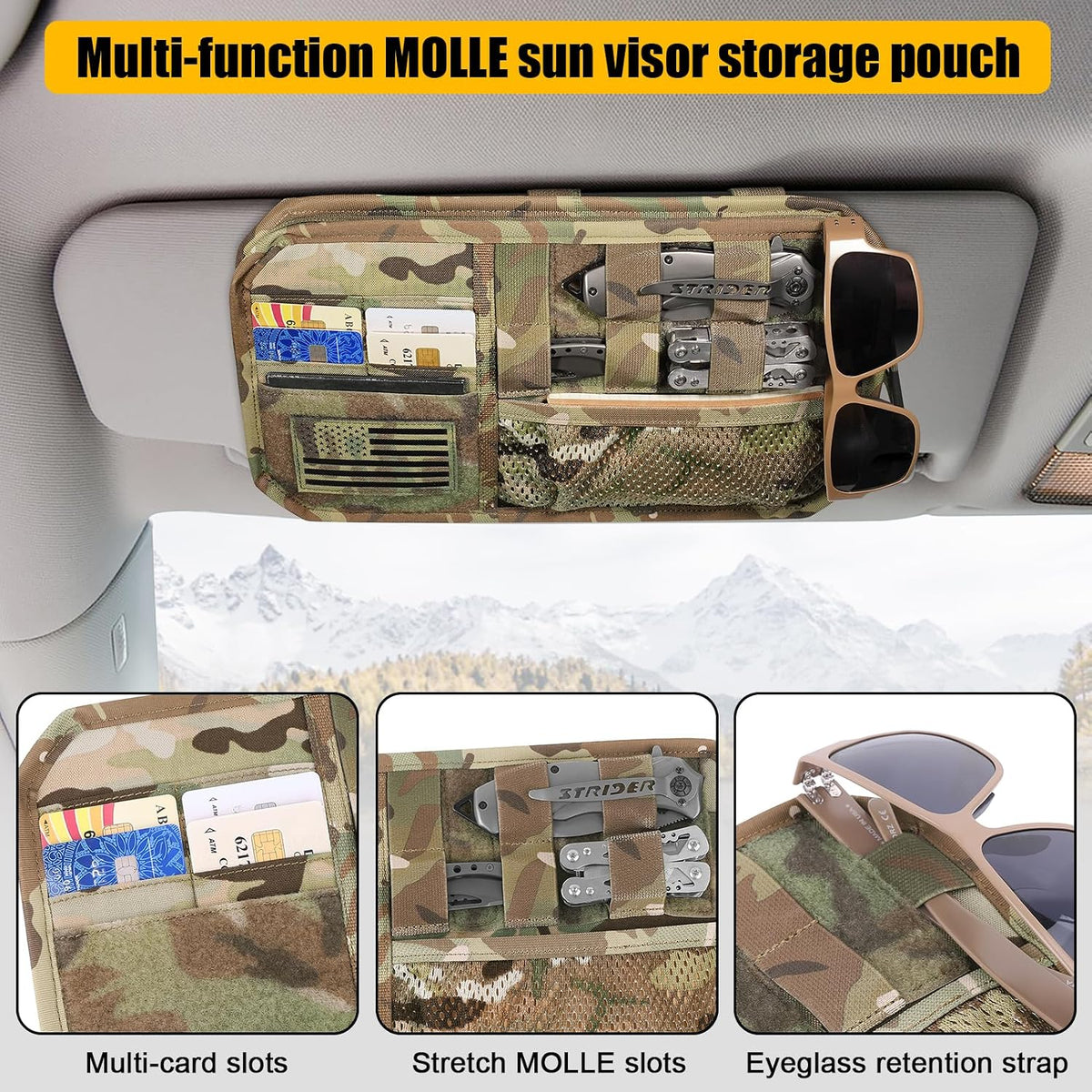 Car Sun Visor Organizer, Tactical Sunvisor Organizers Storage Covers for Trucks, Molle Panel with Pockets Zipper Visor Storage Pouch Accessories, Fits Most Vehicles, SUVs & Jeeps (MC)