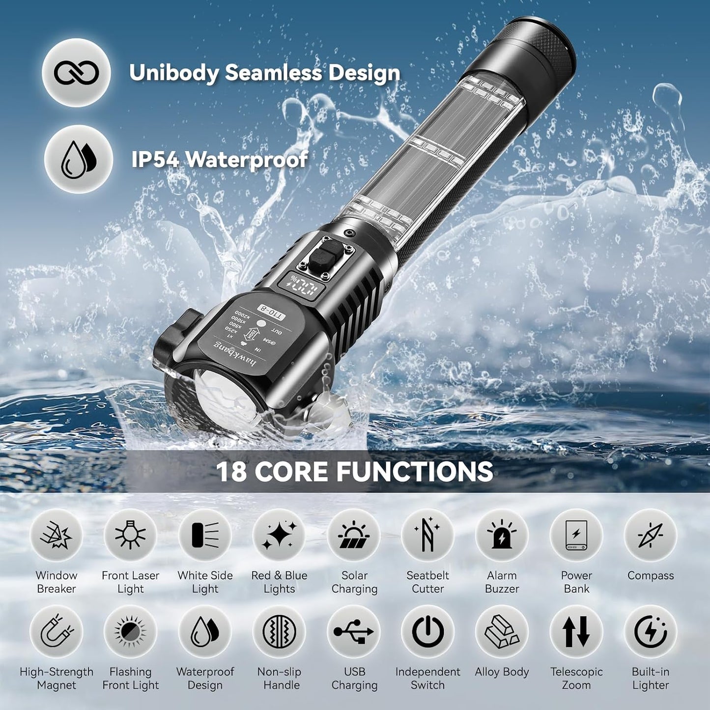 18-in-1 Car Emergency Flashlight, Window Breaker Seatbelt Cutter | 800LM solar/usb flashlight, magnetic base, emergency power bank, electric lighter, 120dB alarm & compass. Ideal driver gift