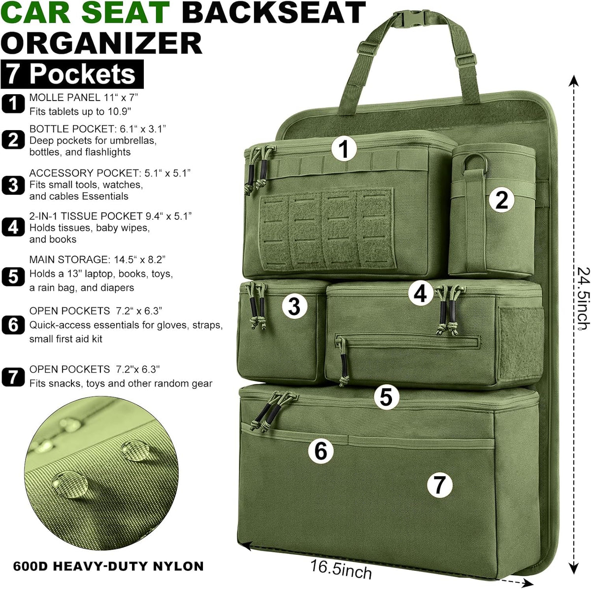 Car Seat Back Organizer with 7 Storage Pockets, Army green