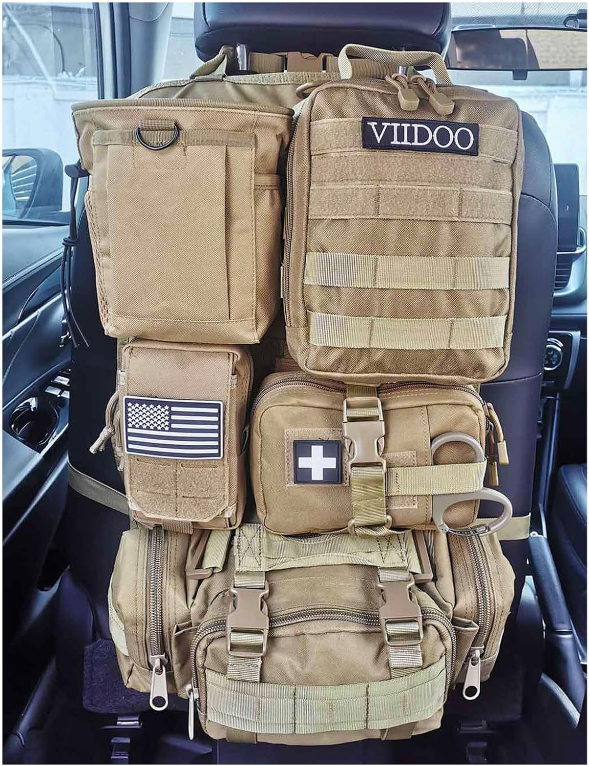 Car Truck Seat Back Organizer Tactical Molle, Upgrade Tactical Vehicle Panel Organizer with 5 Detachable Molle Pouch, Universal Fits for Most of Vehicle (Tan)