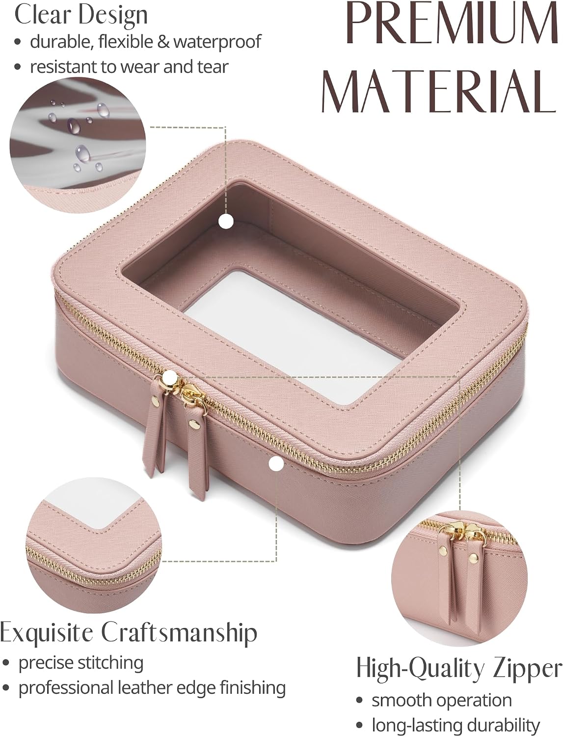 Popvibe Clear Makeup Bag with Zipper, Set of 2, Mini and Medium, Mauve Pink