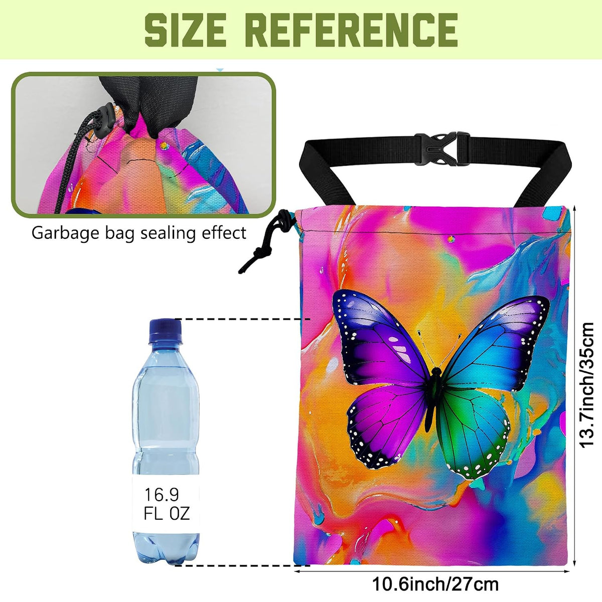 Car Trash Bag Colorful Fluid Butterfly Hanging Drawstring Car Organizer and Storage Bag with Adjustable Buckle Canvas Garbage Bin for Back Seat or Hanging Headrest Car Decor Road Trip Essentials
