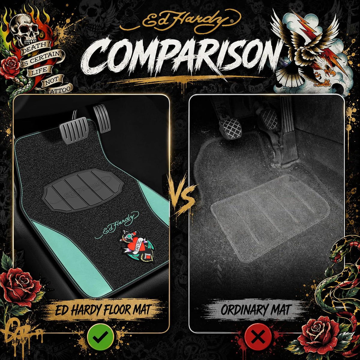 ED HARDY Heart Print Car Floor Mats, Carpet Floor Mats with Mint Leather Design, Automotive Car Mats with Built-in Heel Pad & Anti-Slip Backing, Fits Most Cars, SUVs & Trucks, Durable & Odorless