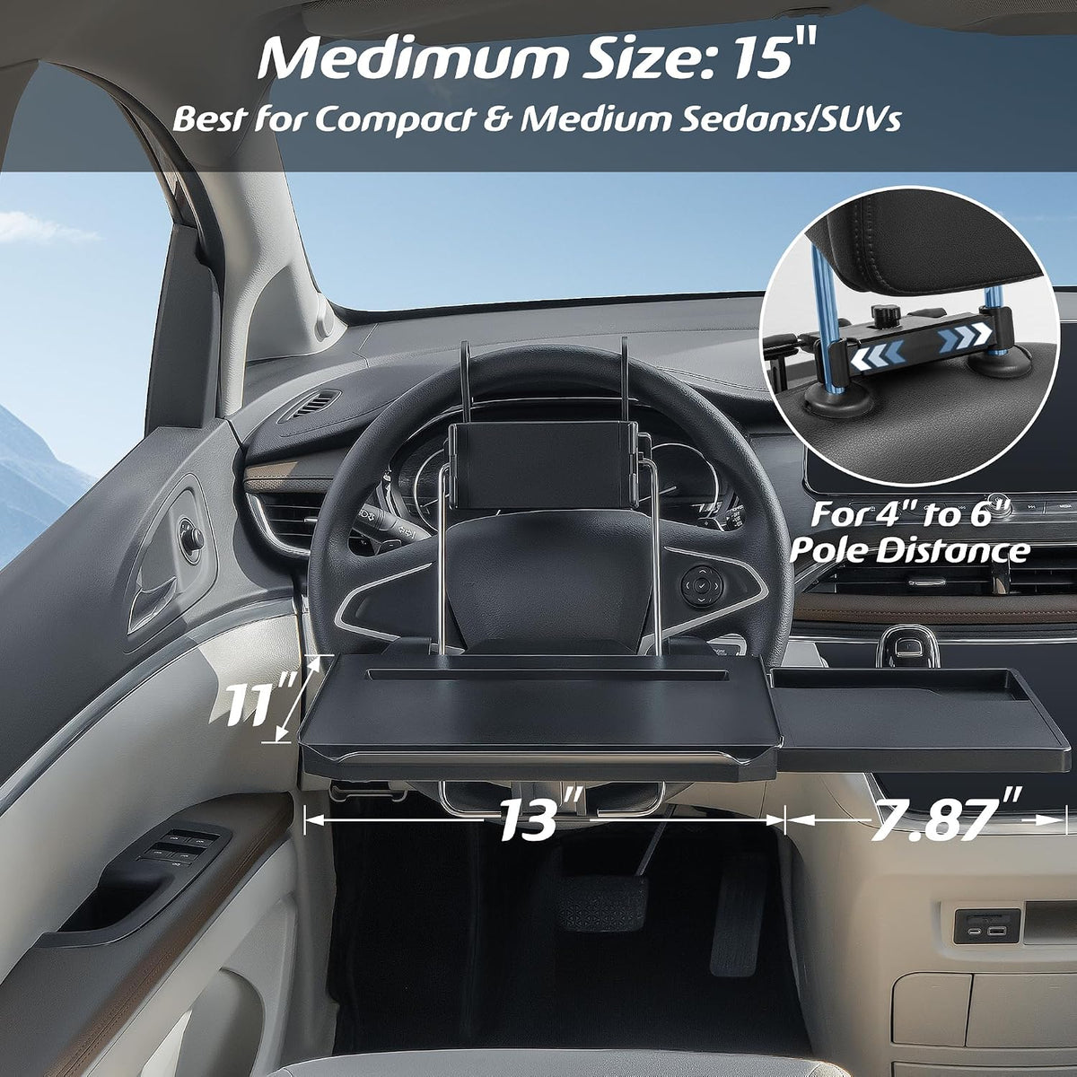 Large Car Steering Wheel Tray Back Seat Headrest Tray with Phone Holder, Steering Wheel Desk Food Table for Car Laptop Mount Steering Wheel for Large SUVs, Trucks & Vans,14"