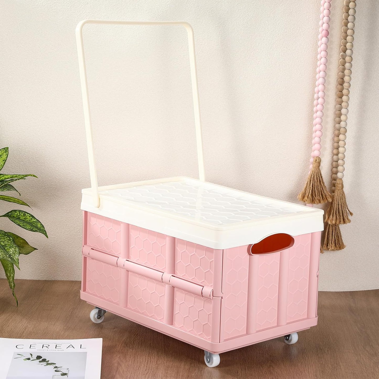 Collapsible Storage Bins with Lids And Wheels, Stackable Folding Storage Boxes for Clothes Toys Books, Home Garage Car Organizer Pink
