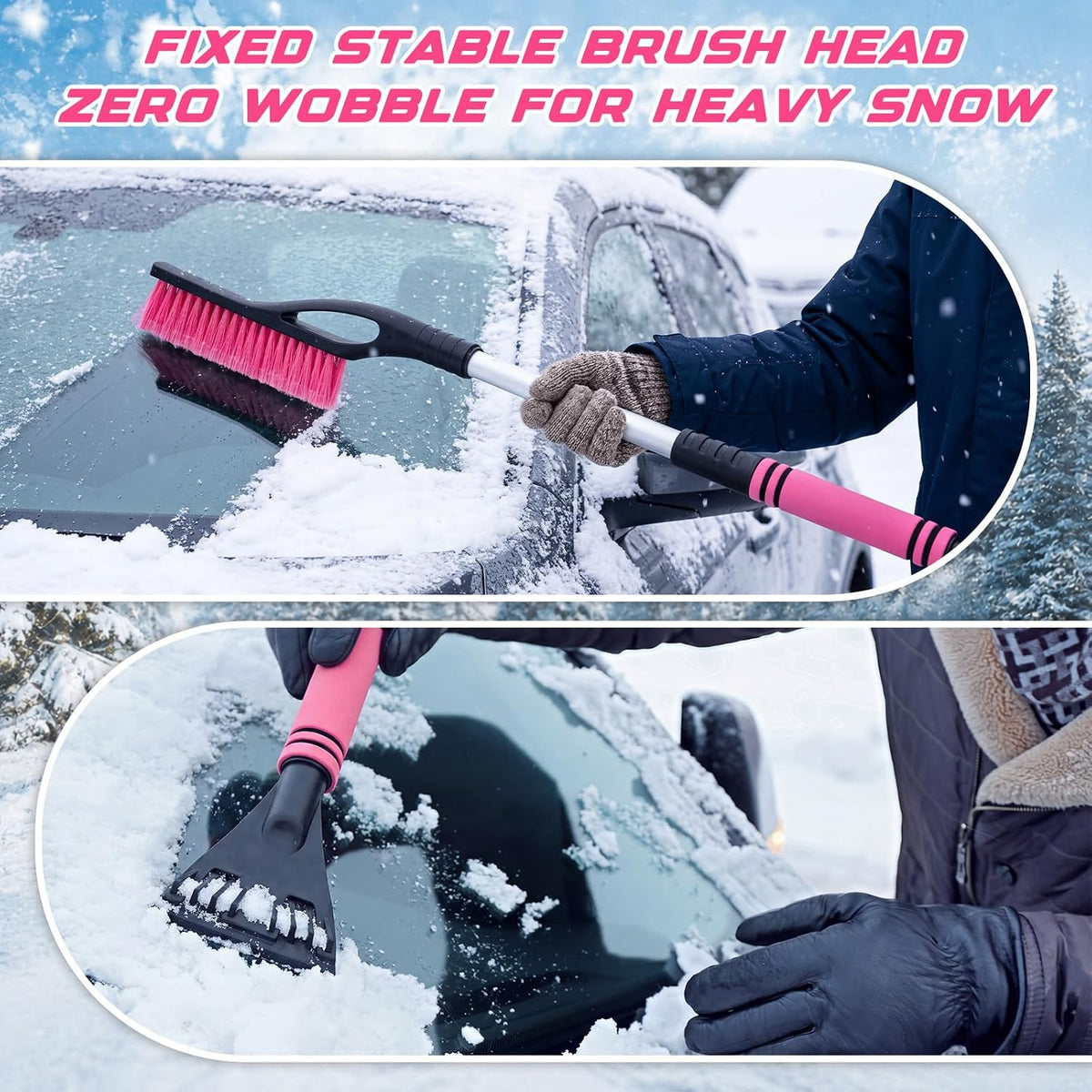 32'' Extendable Snow Brush and Ice Scraper for Car Windshield, Pink 2 in 1 Detachable Snow Scraper with Soft Grip Handle Additional Handhold, Multi-functional Removal Tool for Car, Truck, SUV