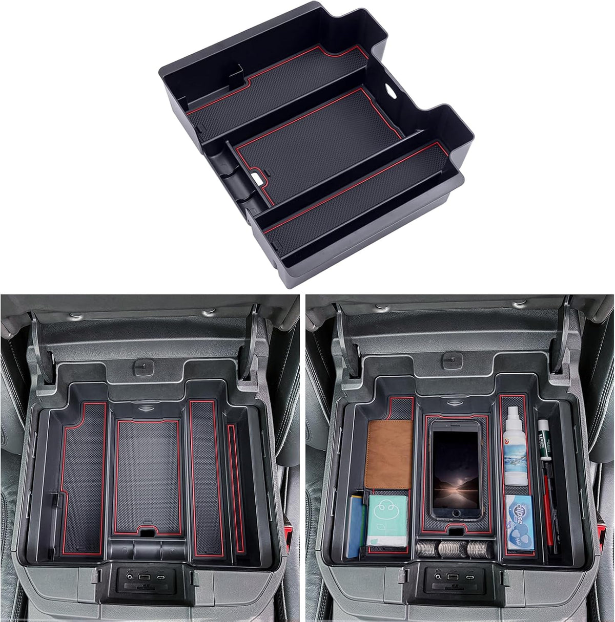 TOPINSTALL Red Center Console Organizer Compatible with 2019-2022 Silverado/Sierra 1500 and 2020-2023 Silverado/Sierra 2500HD 3500HD, Armrest Full-Size Tray (Full Console w/Bucket Seats ONLY)
