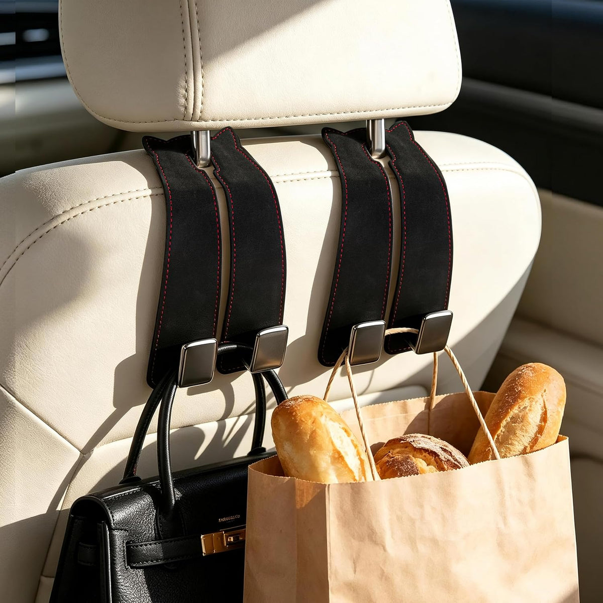 Amooca Car Headrest Hooks 4-Pack Suede Seat Organizer with Metal Core