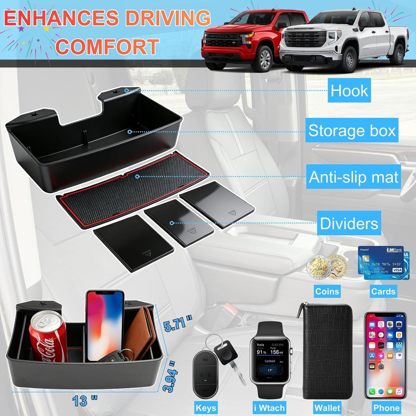 Center Console Organizer for 2019-2026 Chevy Silverado/GMC Sierra 1500 | Jump Seat Hanging Storage Box with Dividers, Expanding Storage Space Upgrade Floor Console for Truck - Interior Accessories