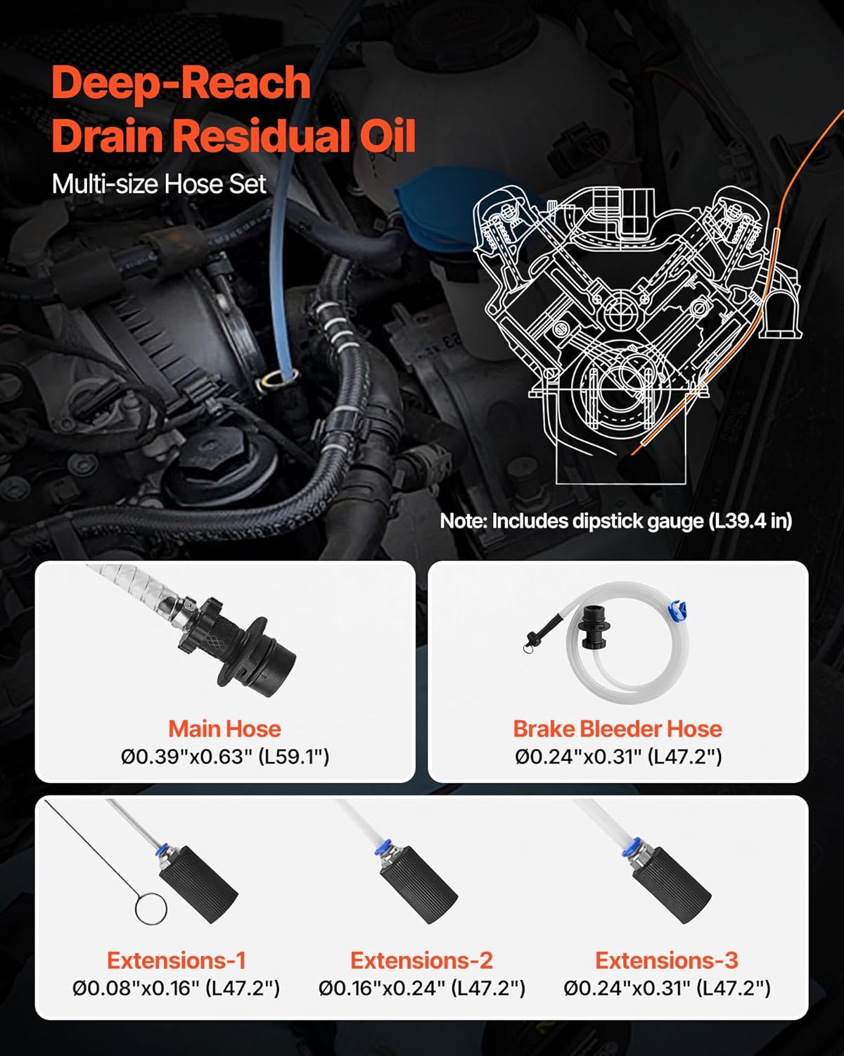 VEVOR Fluid Extractor, 9.5 L Capacity, Pneumatic/Manual Vacuum Oil Extractor Pump with 59 in Long Horse &amp; Three 47 in Extension Tubes, Oil Change Pump with PE Tank for Cars, Lawn Mowers, Boats