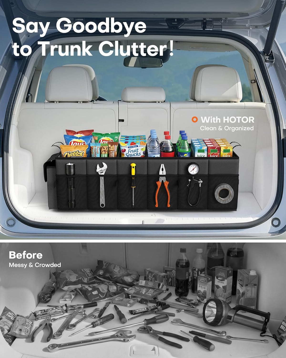 HOTOR Trunk Organizer for Car & SUV, Sturdy Car Organizer with Removable Cooler, Large Foldable Trunk Organizer with Cooler, 3 Compartments, Adjustable Straps, Black, 35.43”×14.17“×10.63”