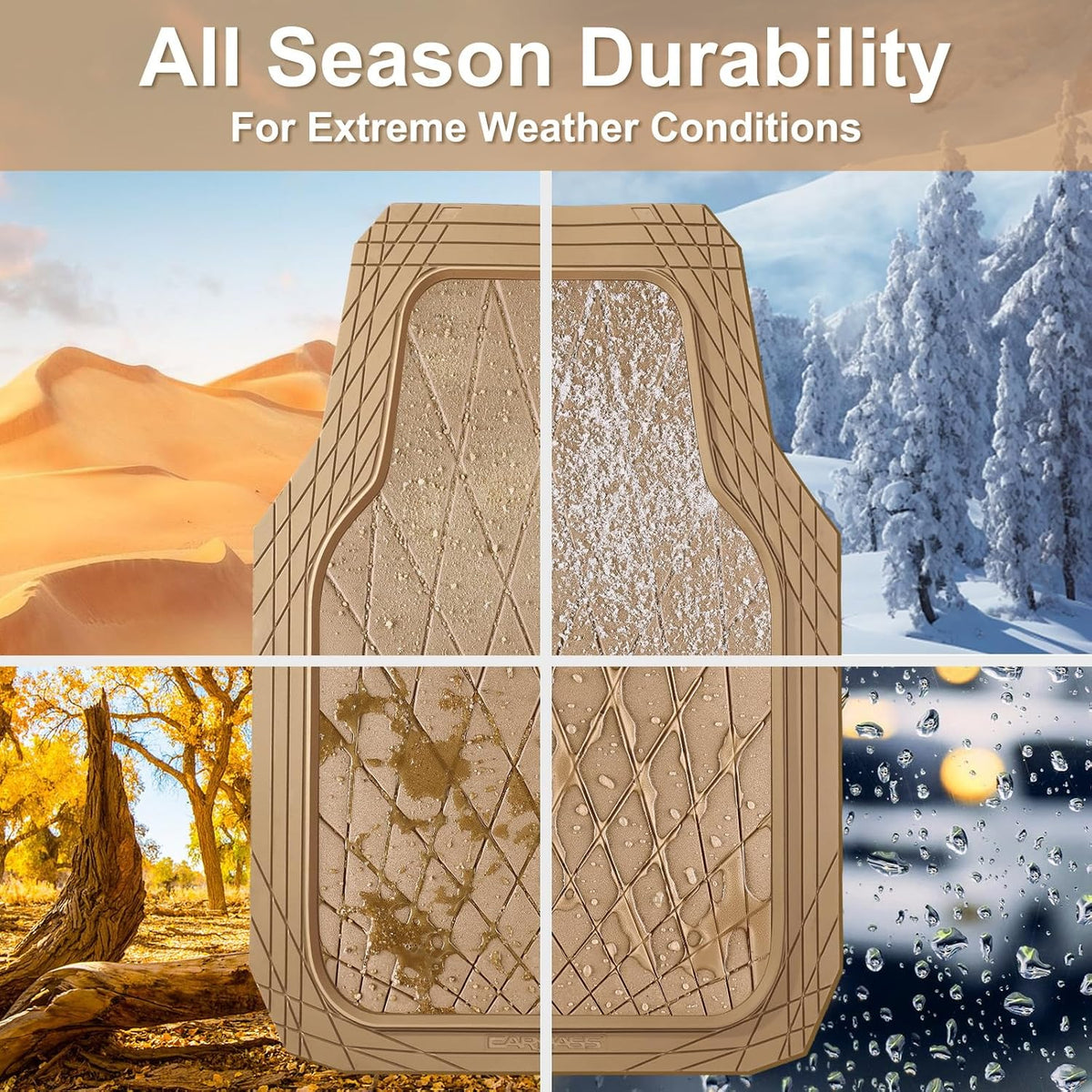 CAR PASS Heavy Duty Rubber Car Floor Mats, Deep Dish All Weather Car Mats Full Set, 3 Piece Waterproof Premium Anti-Slip Floor Mats Rugs Universal Trim to Fit for 95% Sedan SUV Van Truck, All Beige