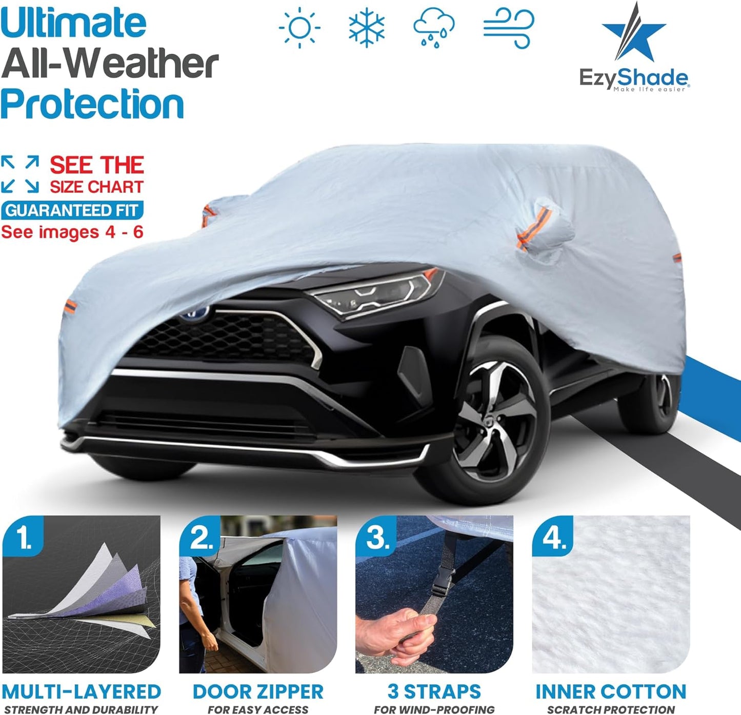 EzyShade Multi-Layer SUV Car Cover Waterproof All Weather - See Vehicle Size-Chart - Outdoor Full Exterior Covers for Automobiles - Heavy Duty Tarp Jeep Rav4 Equinox Trax CRV. Size S3 (See SizeChart)