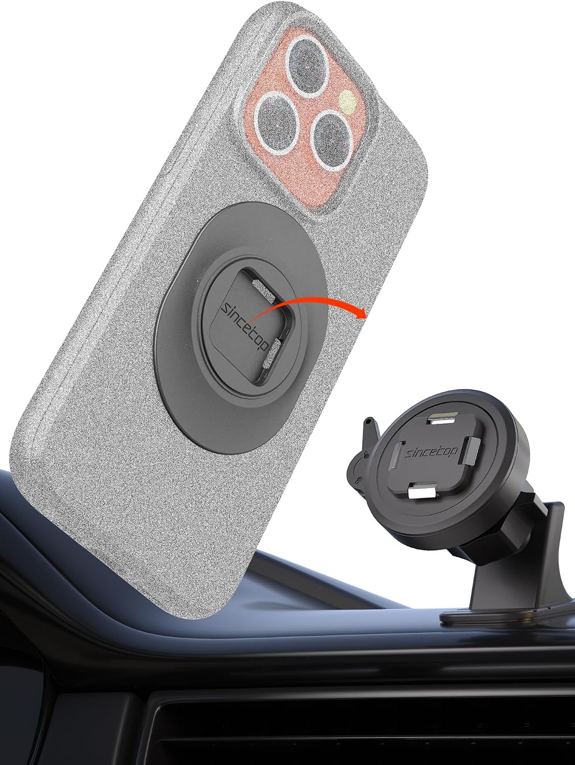 sincetop Car Phone Mount - Series Q [ Quad ] - with Instant Quick Release - 360° Adjustable Dashboard Phone Holder, One-Second Detach, Compatible with iPhone/Samsung