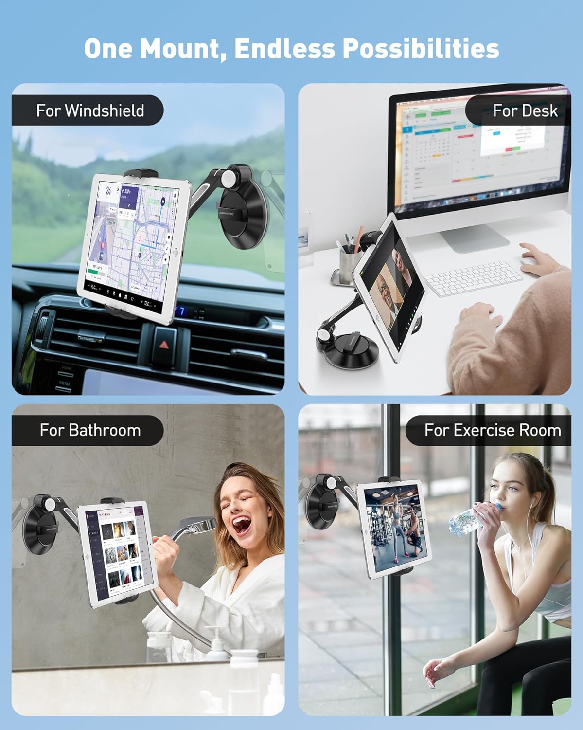 AboveTEK iPad Suction Mount, Phone Tablet Stand Holder with Suction Cup Fits 4"-11" Tablet/Phone/iPad mini/Air, Sticky iPads Mount on Window Bathroom Mirror, for Car Truck Windshield Boat (Black)