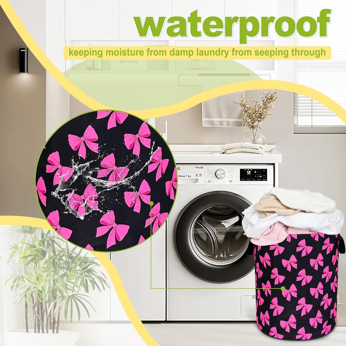 Pink Bow Laundry Basket Foldable Waterproof Bowknot Hamper 18.9 x 16.5 Inch