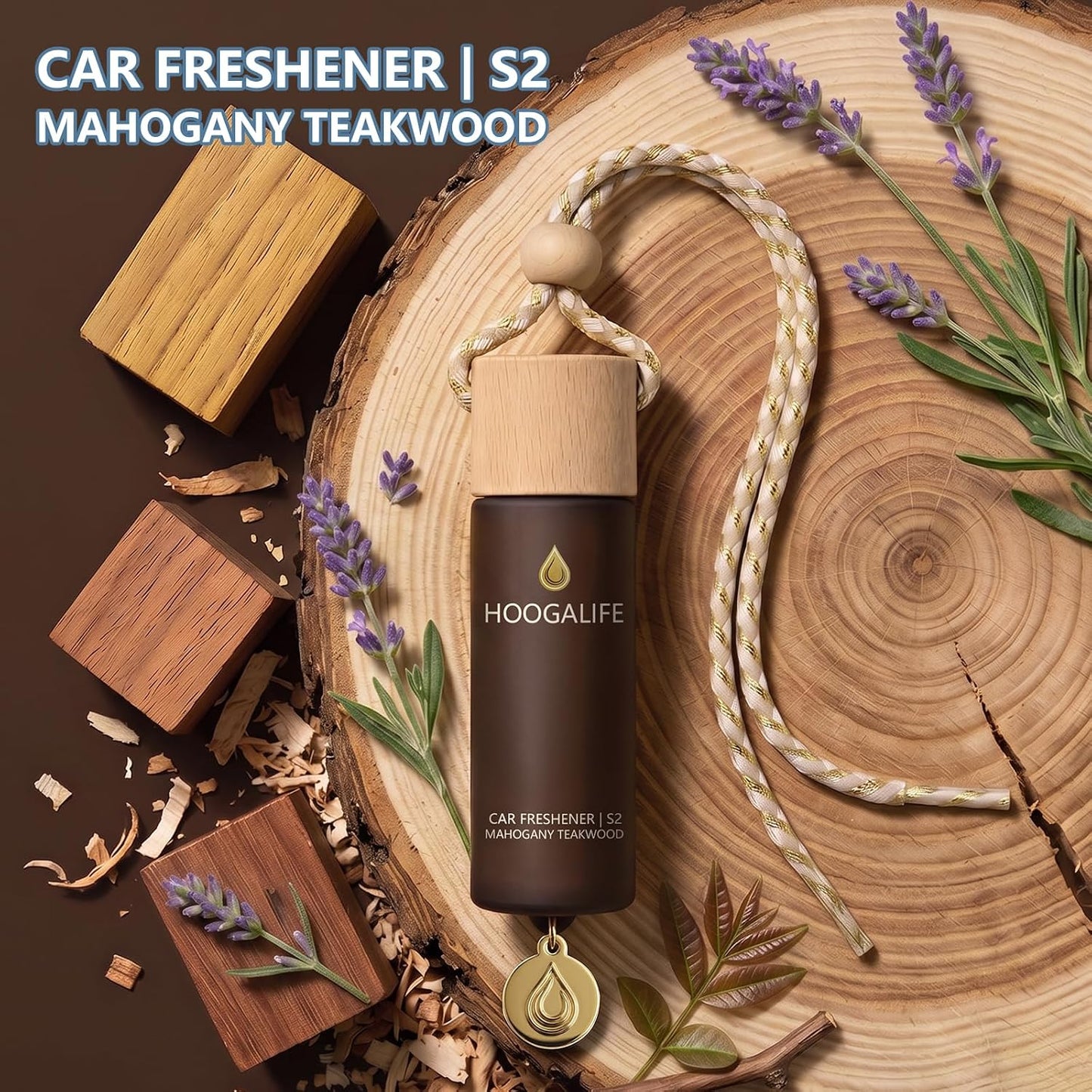 HOOGALIFE Car Air Freshener 2 Pack, Mahogany Teakwood Hanging Diffuser, 45+ Days Long Lasting Scent, Refillable Bottle, Odor Control for Auto Interior, Made in USA