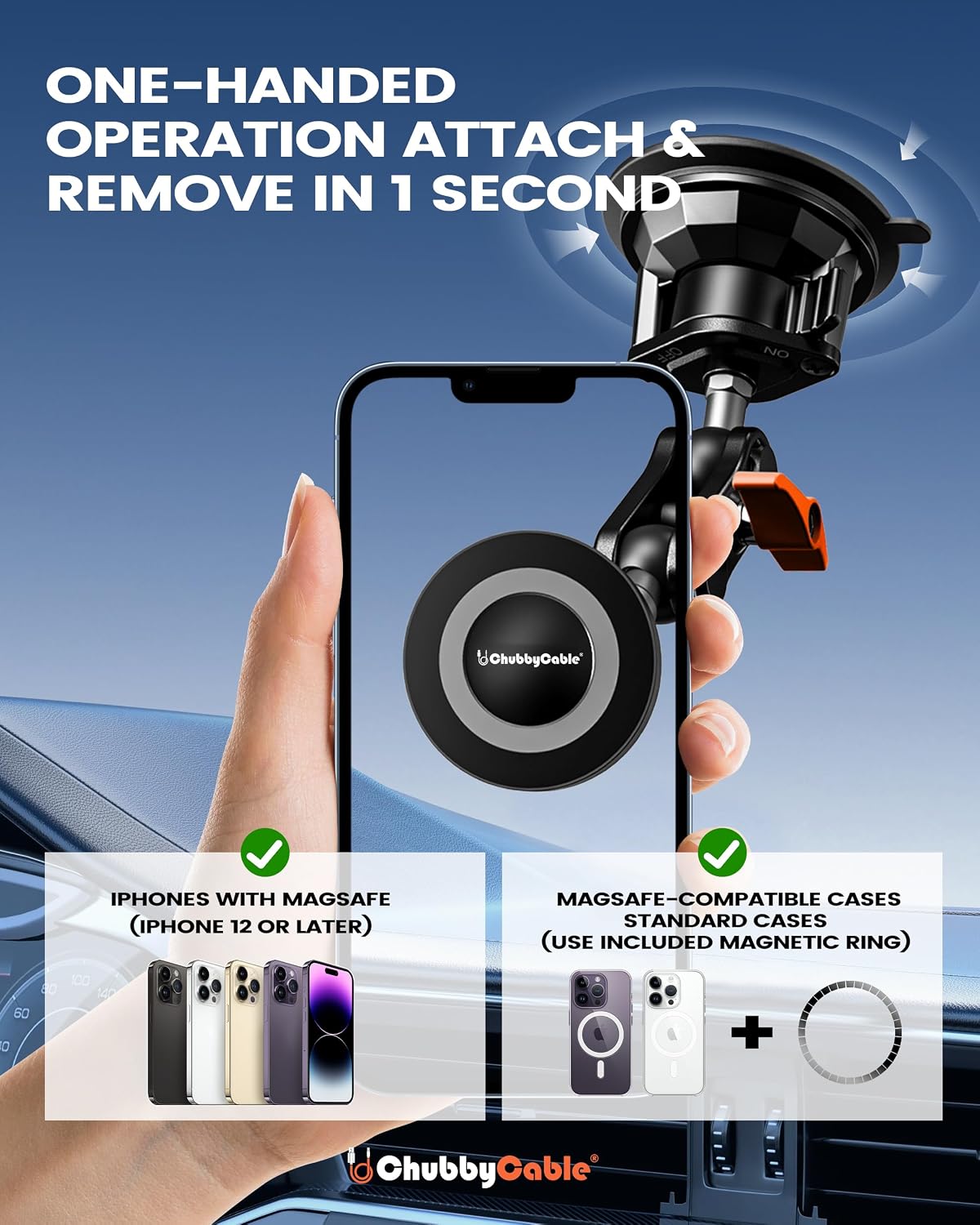 chubbycable ChubbyGrip Magnetic Car Phone Mount with Heavy-Duty Suction Cup