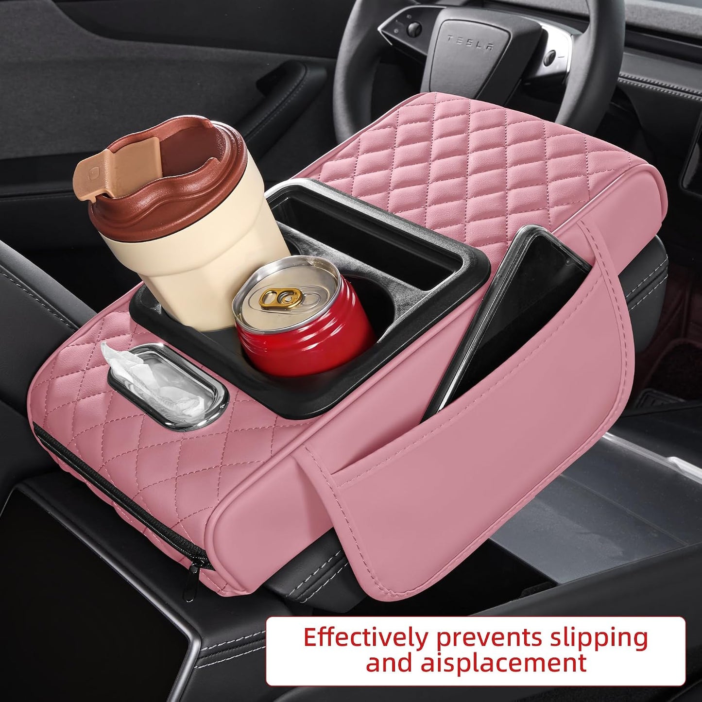 5 in 1 Nappa Leather Console Armrest Cover, Pink | Built-in cup holder, tissue slot, phone holder & 2 storage pockets, practical car accessories fit SUV sedan truck