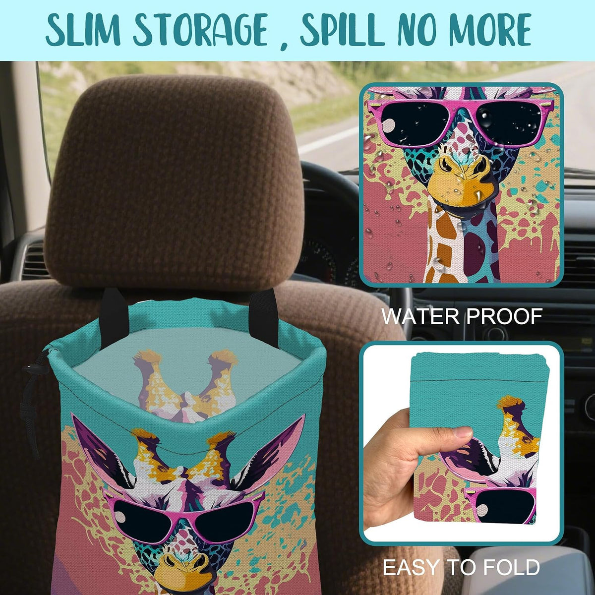 Car Garbage Bag Giraffe Wearing Sunglasses Hanging Canvas Car Trash Bag Waterproof Drawstring Car Back Seat Organizer for Car Back Front Seat Console with Adjustable Buckle