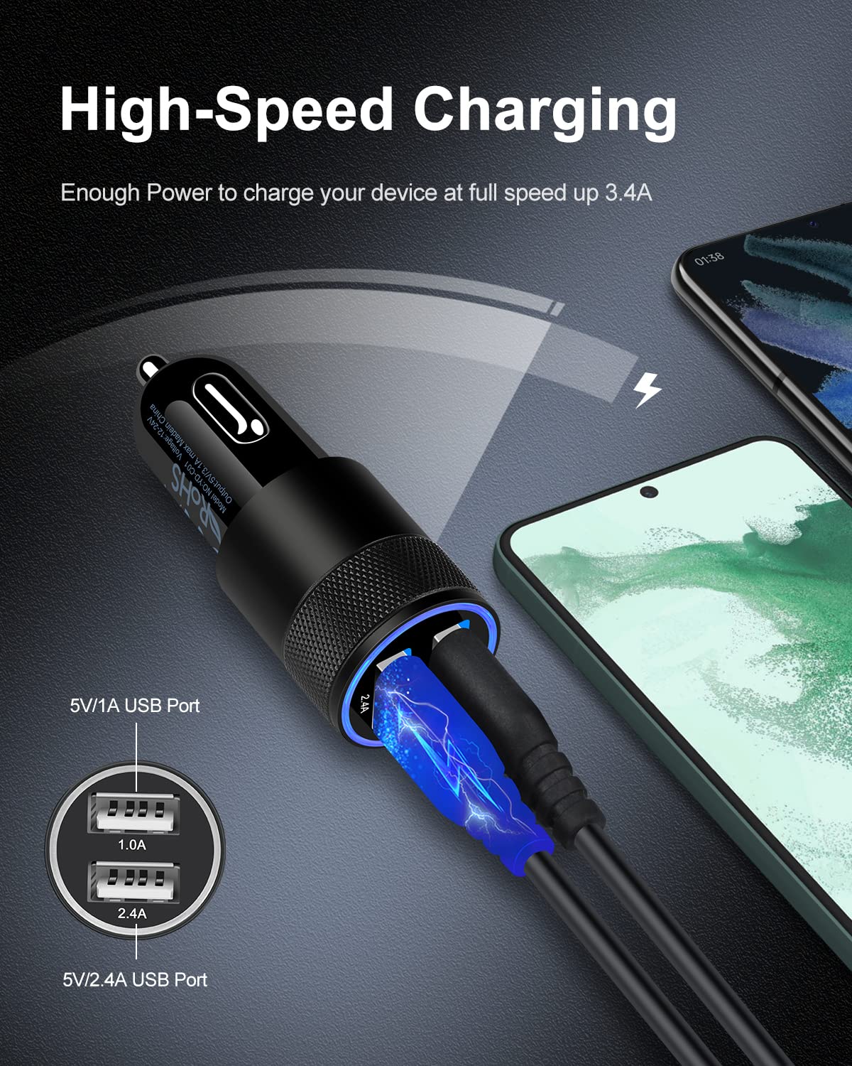 [5pcs] Car Charger Adapter, USB Multi Port Cigarette Lighter Fast Charging