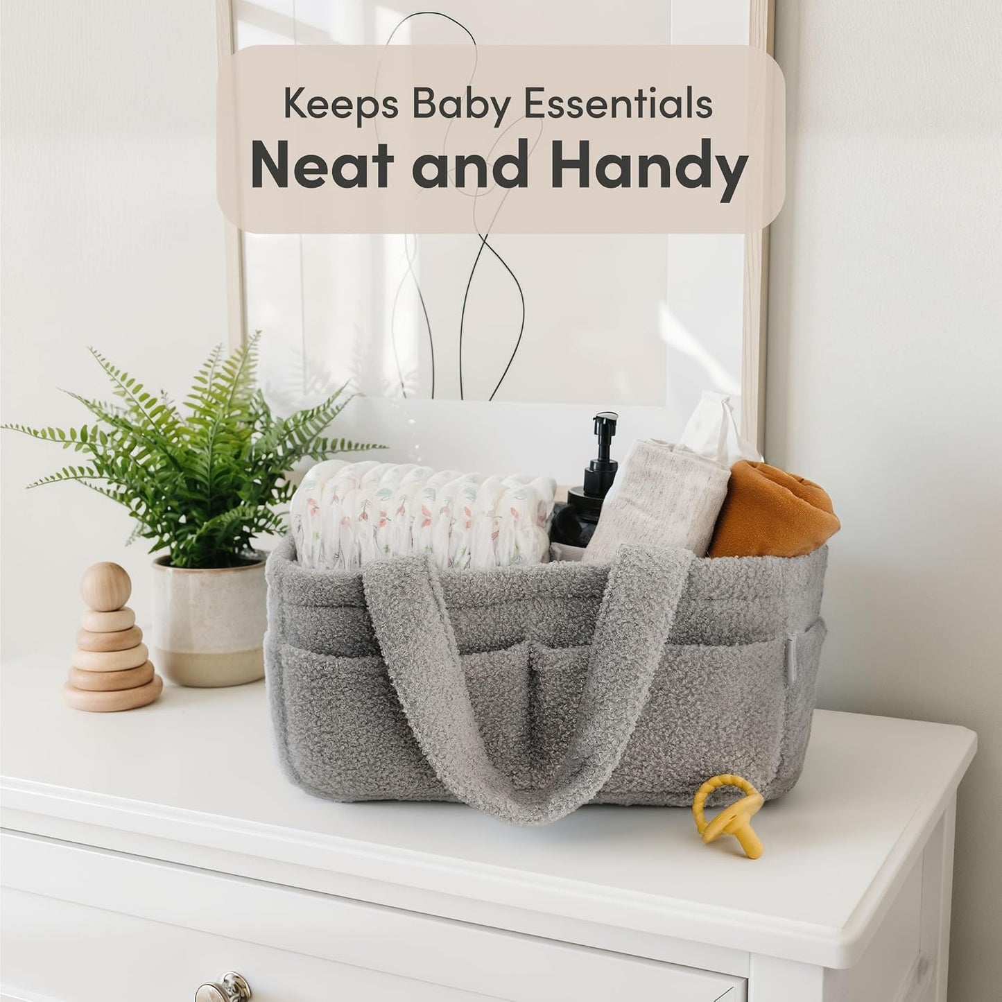 PUTSKA Baby Diaper Caddy Organizer for Changing Table – Stylish Nursery Storage Basket, Newborn Essentials, Baby Shower Gifts and Registry Must-Haves for Boy or Girl, Car Diaper Caddy, Fleece Grey