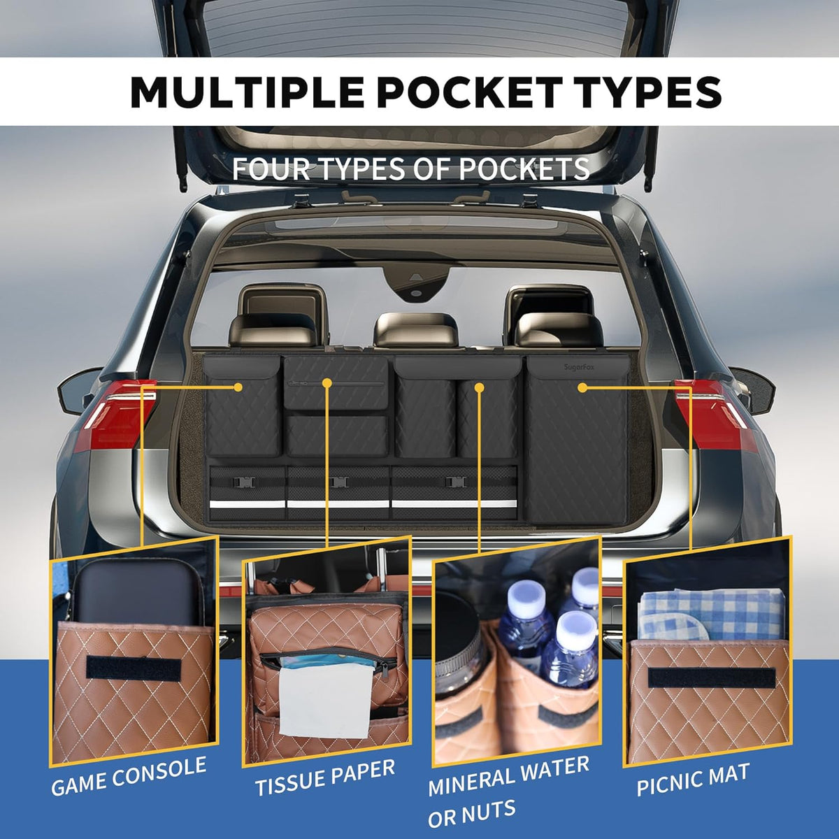 Backseat Hanging Organizer with Large Storage Bags | PU Leather, Large Capacity | Adjustable Straps, Waterproof & Collapsible | Universal Fit for SUVs, Sedans & Trucks | Brown, 37.8" x 18.1" - P810