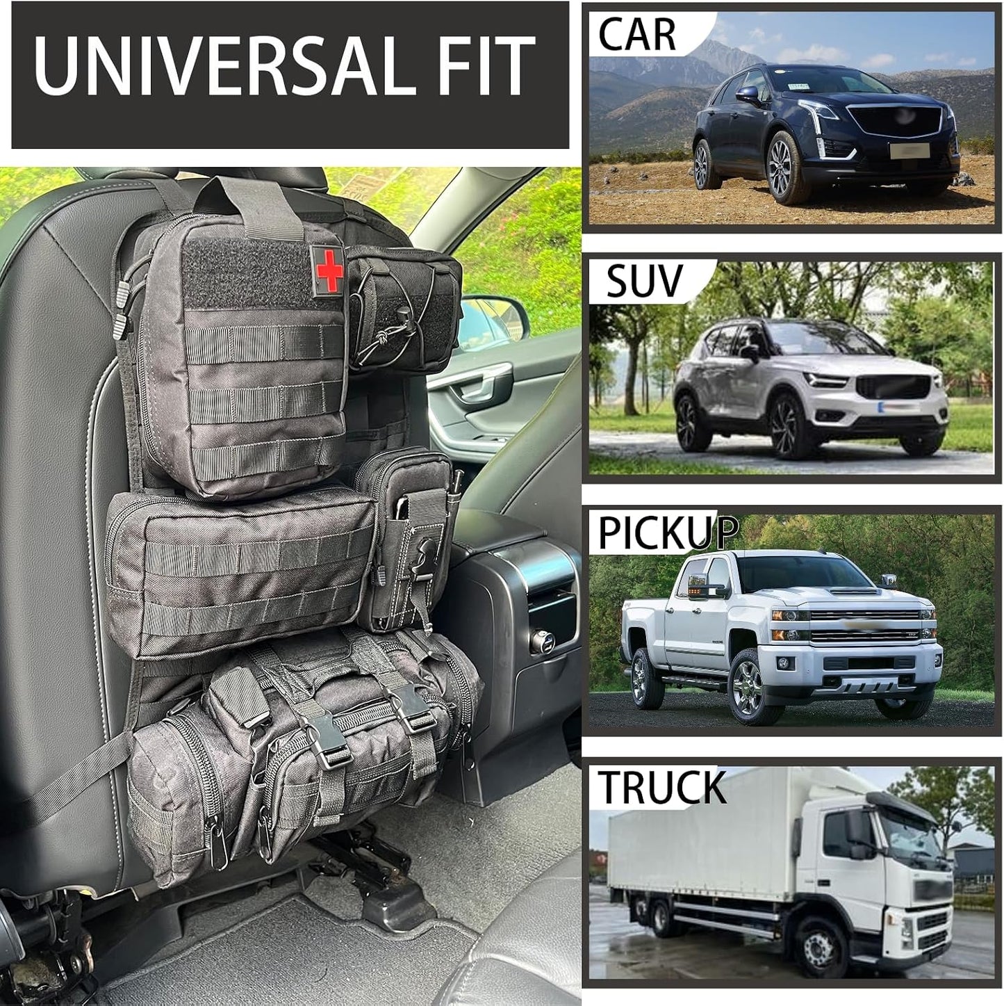 6 Pack Tactical Molle Automotive Seat Back Organizer Tactical Vehicle Panel Organizer with 5 Detachable Molle Pouch for Car Truck Ford Jeep Vehicle,US Flag Patch For Man (5 Pouches)