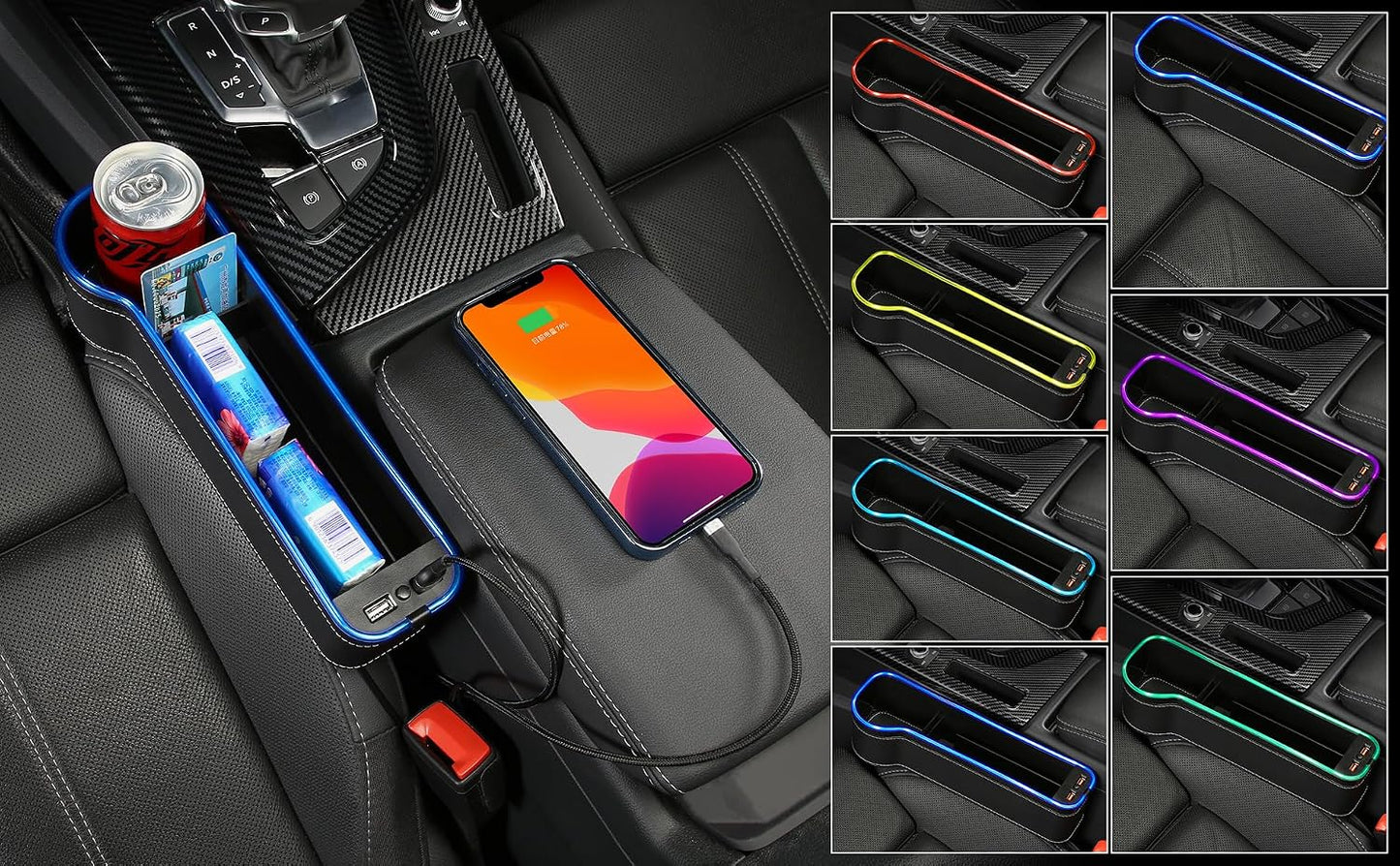 7 Color Led Car Seat Gap Organizer with 56W Fast Charger Car Console Organizer with Cup Holder Front Seat Gap Filler with USB Between Seat Cup Holder fit for Android iPhone (Black)
