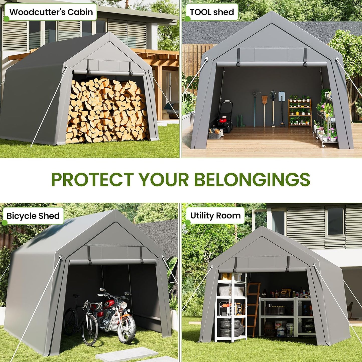Portable Carport Storage Shed, 6' x 6' Motorcycle Tent, Waterproof & UV-Resistant with Roll-Up Zipper Doors, Gray Outdoor Shelter for Bikes, Tools & Equipment