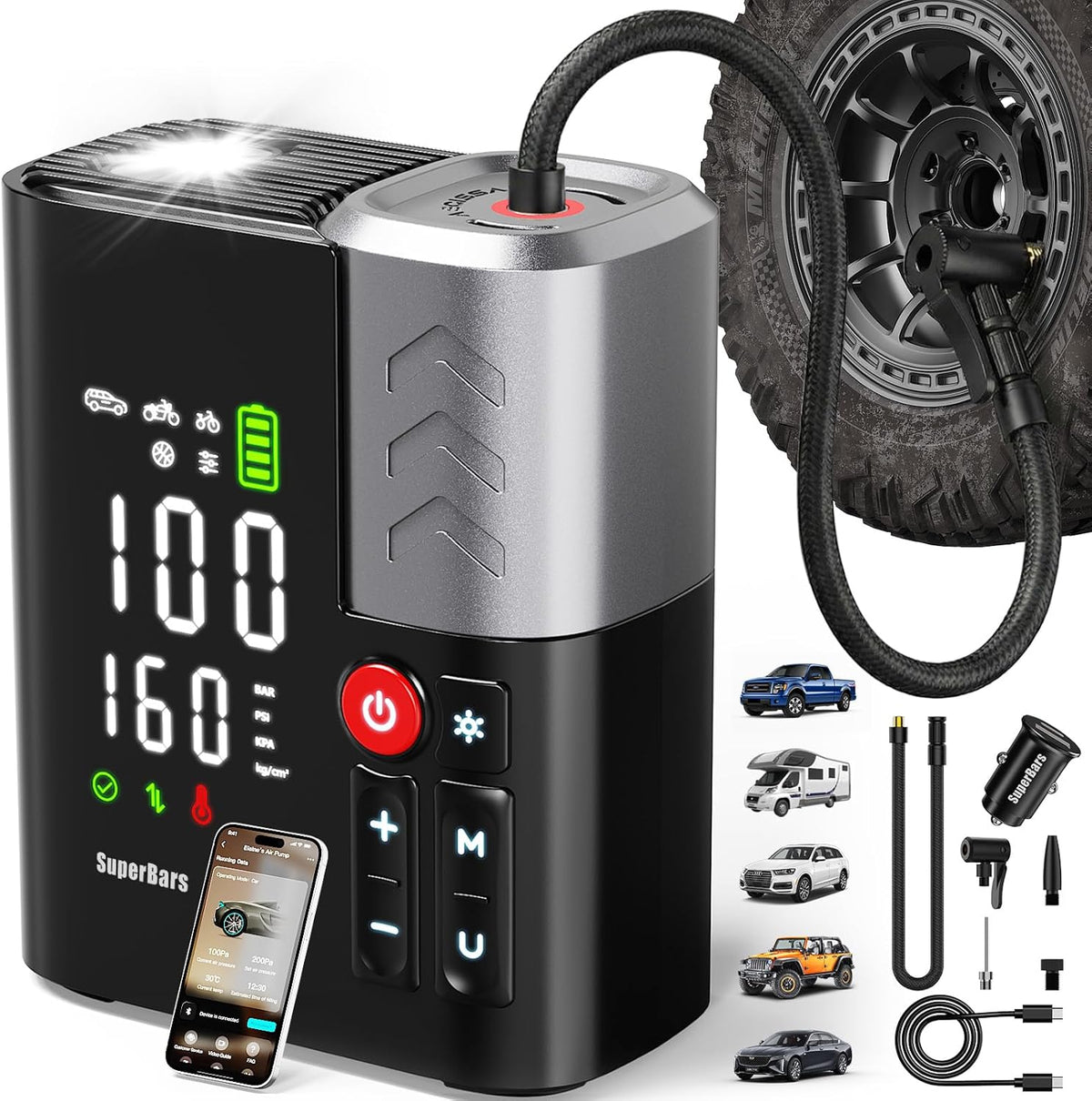 Tire Inflator Portable Air Compressor, 35s Faster Air Pump with APP, 160PSI 48LPM 10400mAh Electric Tire Pump, 45W Charging, Cordless Tire Inflator for Car SUV Truck Pickup RV