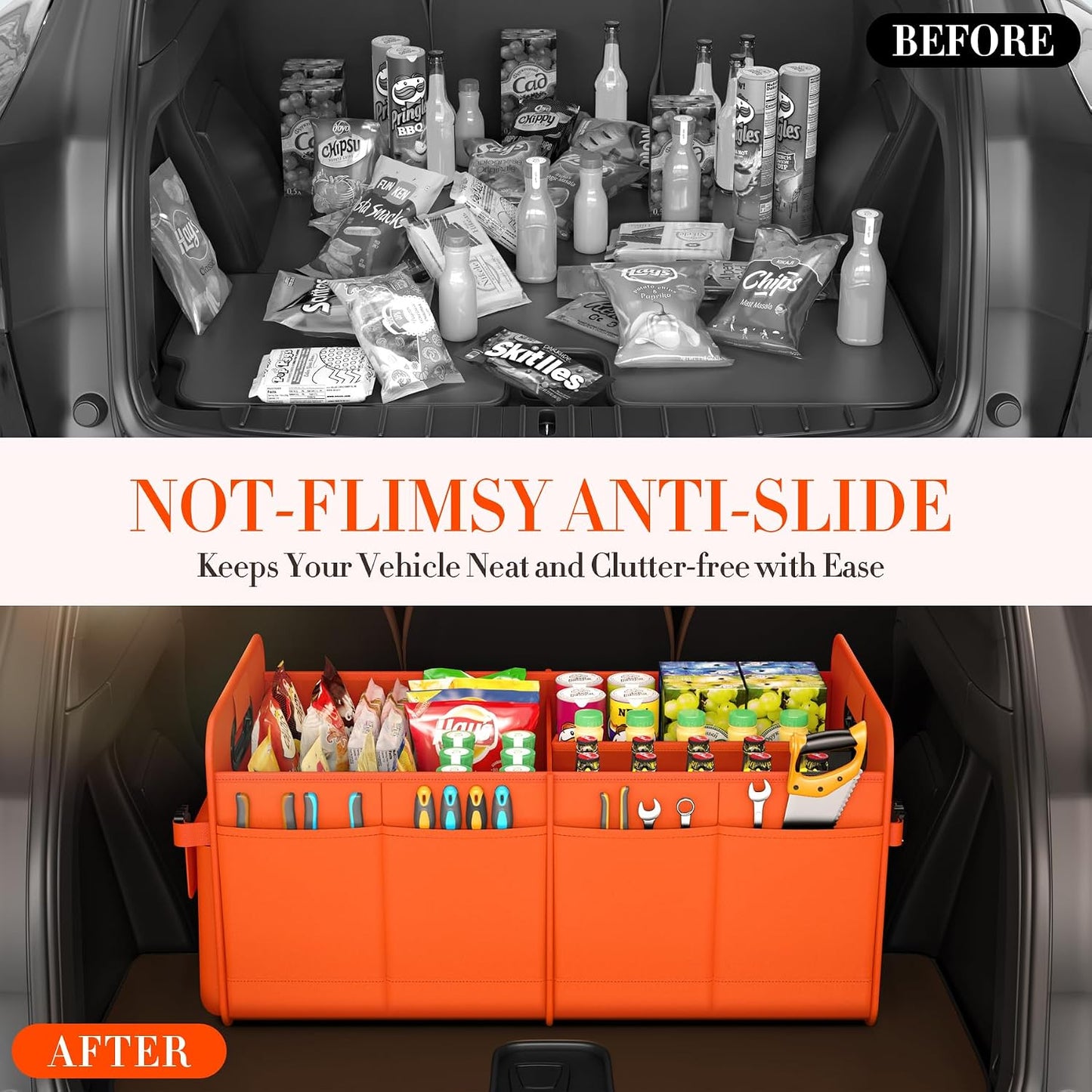 titiyiof Trunk Organizer For Suv & Sedan,Car Organizers and Storage, Waterproof Collapsible & Adjustable Straps,70L Sturdy Car Organization for Car Accessories, Tools,Sundries,2-3Compartment（Orange