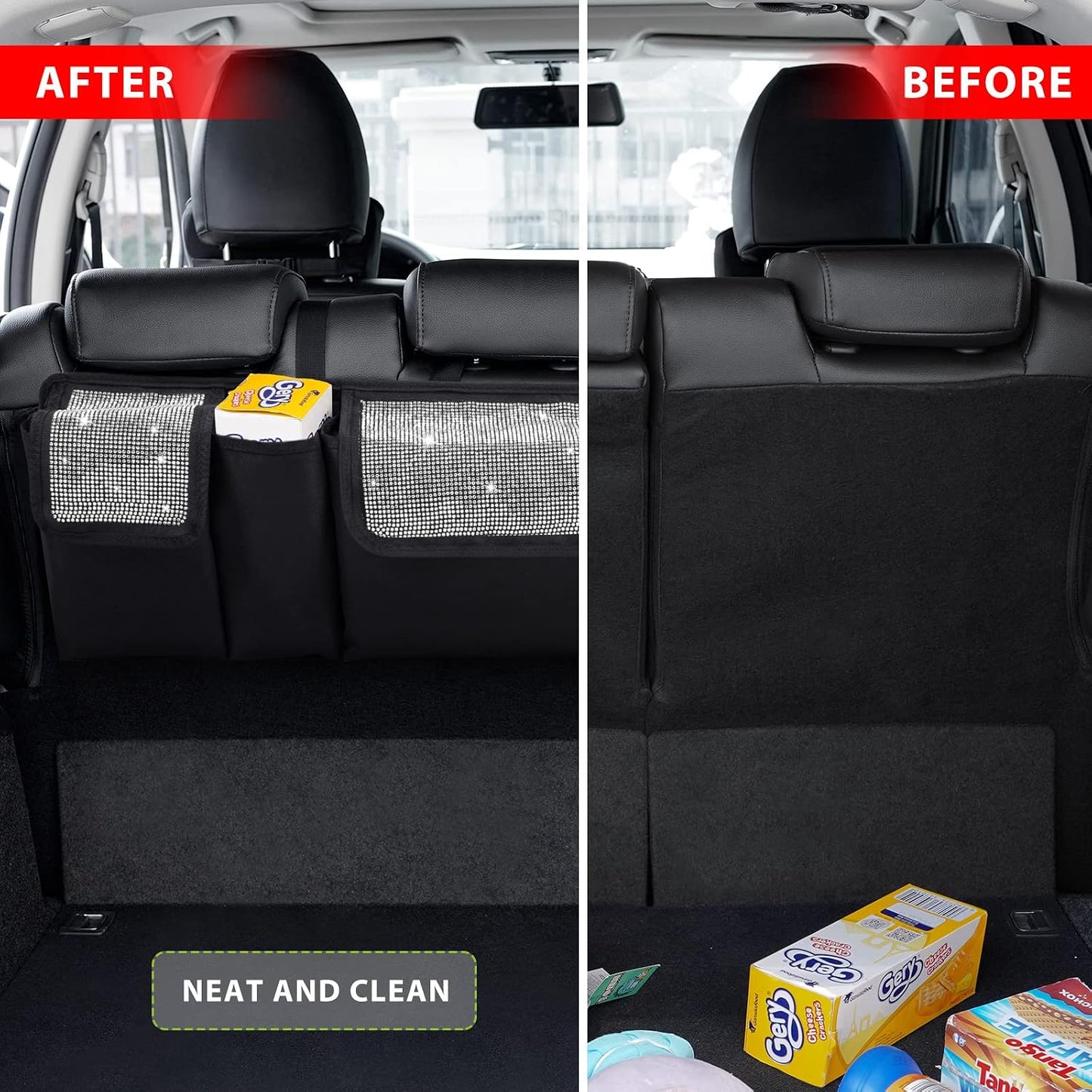 eing Car Trunk Organizer and Storage, Backseat Hanging Organizer for SUV, Truck, MPV, Waterproof, Collapsible Cargo Storage Bag with 5 Pockets, Bling Car Interior Accessories for Women,White