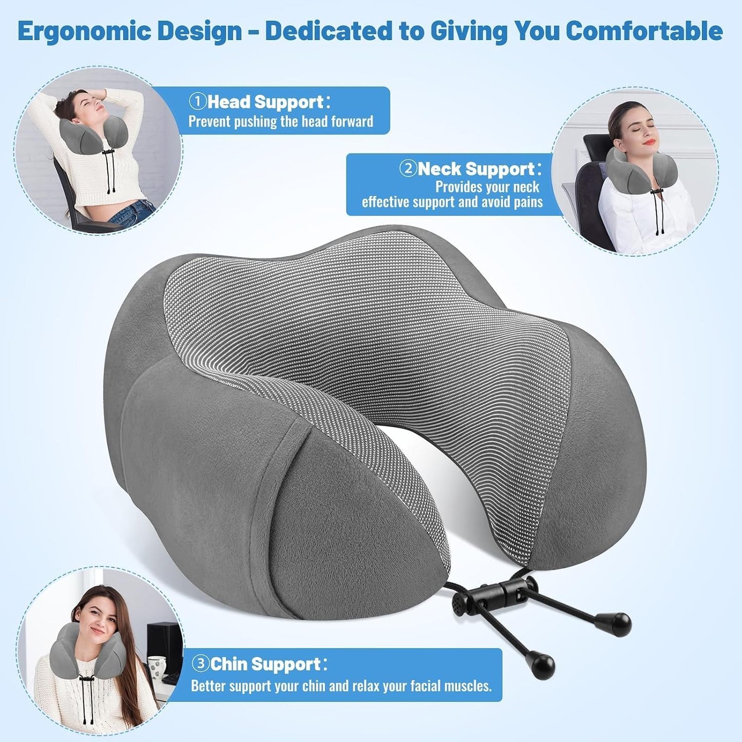 CloudBliss Travel Pillows for Airplane, Memory Foam Neck Pillows for Travel, Compact Neck Pillow for Long Flight, Car & Office, Plane Accessories with Eye Mask, Earplugs, Carry Bag, Black & Dark Grey