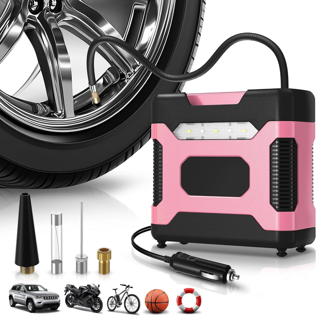 Auto Dynasty 12V Digital Tire Inflator, 150 PSI Air Pump with LED, Pink