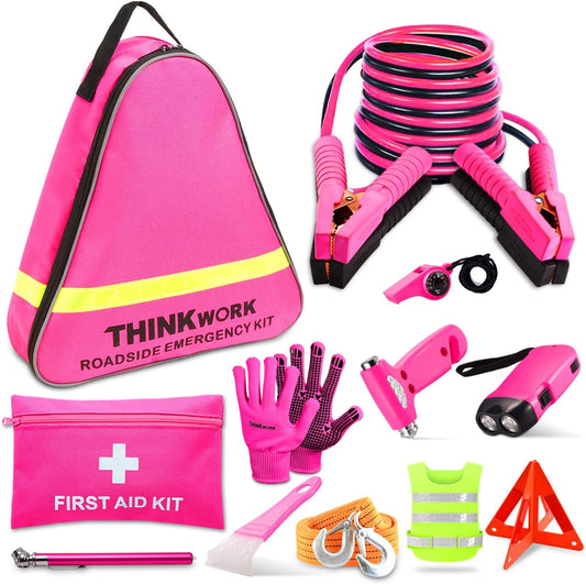 THINKWORK Pink Car Emergency Kit for Teen Girl and Lady's Gifts