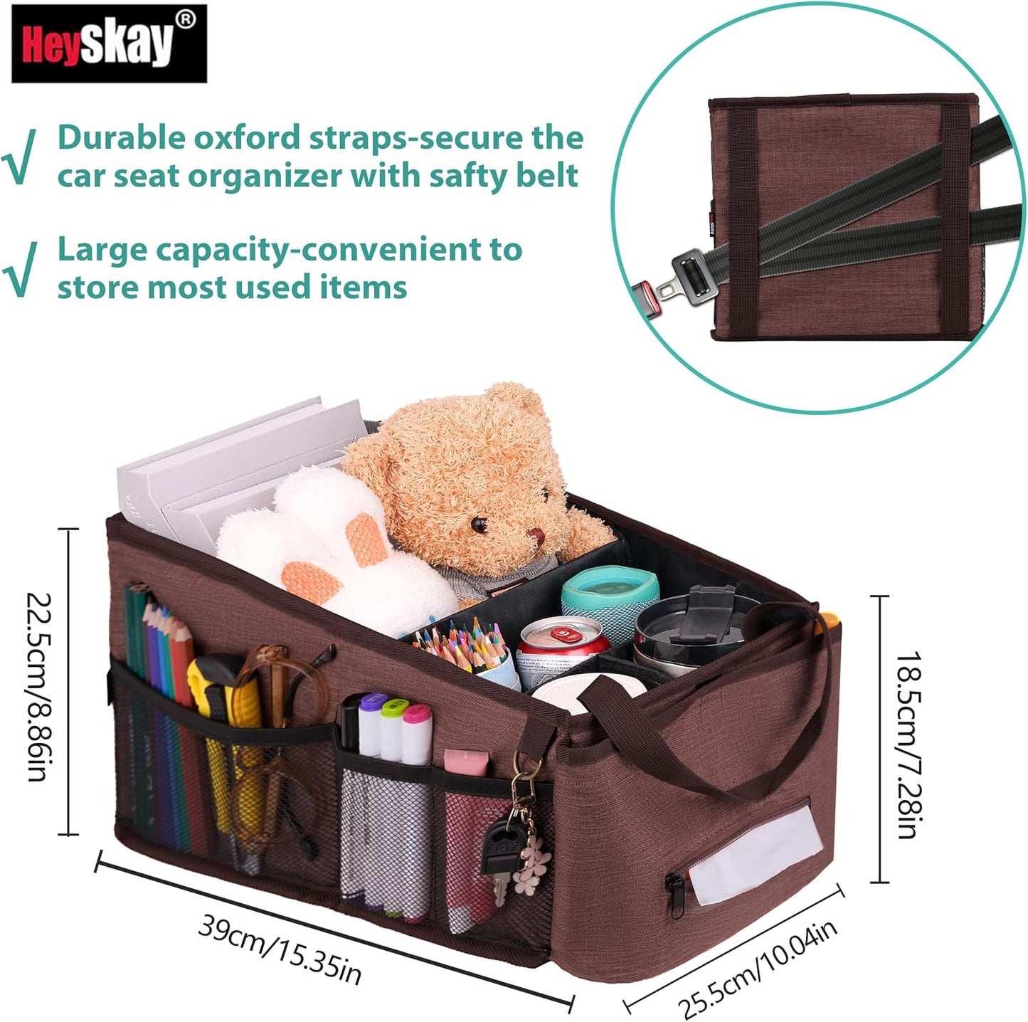 HEYSKAY Car Seat Organizer-Passenger Seat Organizer, Collapsible Small Car Seat Organizer for Console Front/Back, Car Caddy Organizer with 4pc Drink Holders Automotive Backseat Organizer for Kids