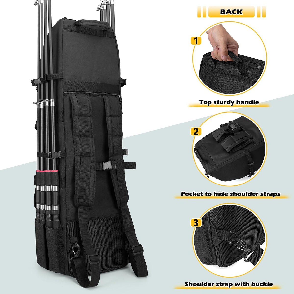 Rexmica Fishing Rod Bag Backpack Holds 8 Rods & Reels, Fishing Tackle Bag with Compartment for Tackle Boxes, Fishing Gear or Equipment, Fishing Pole Carrying Bag with Tactical Molle System