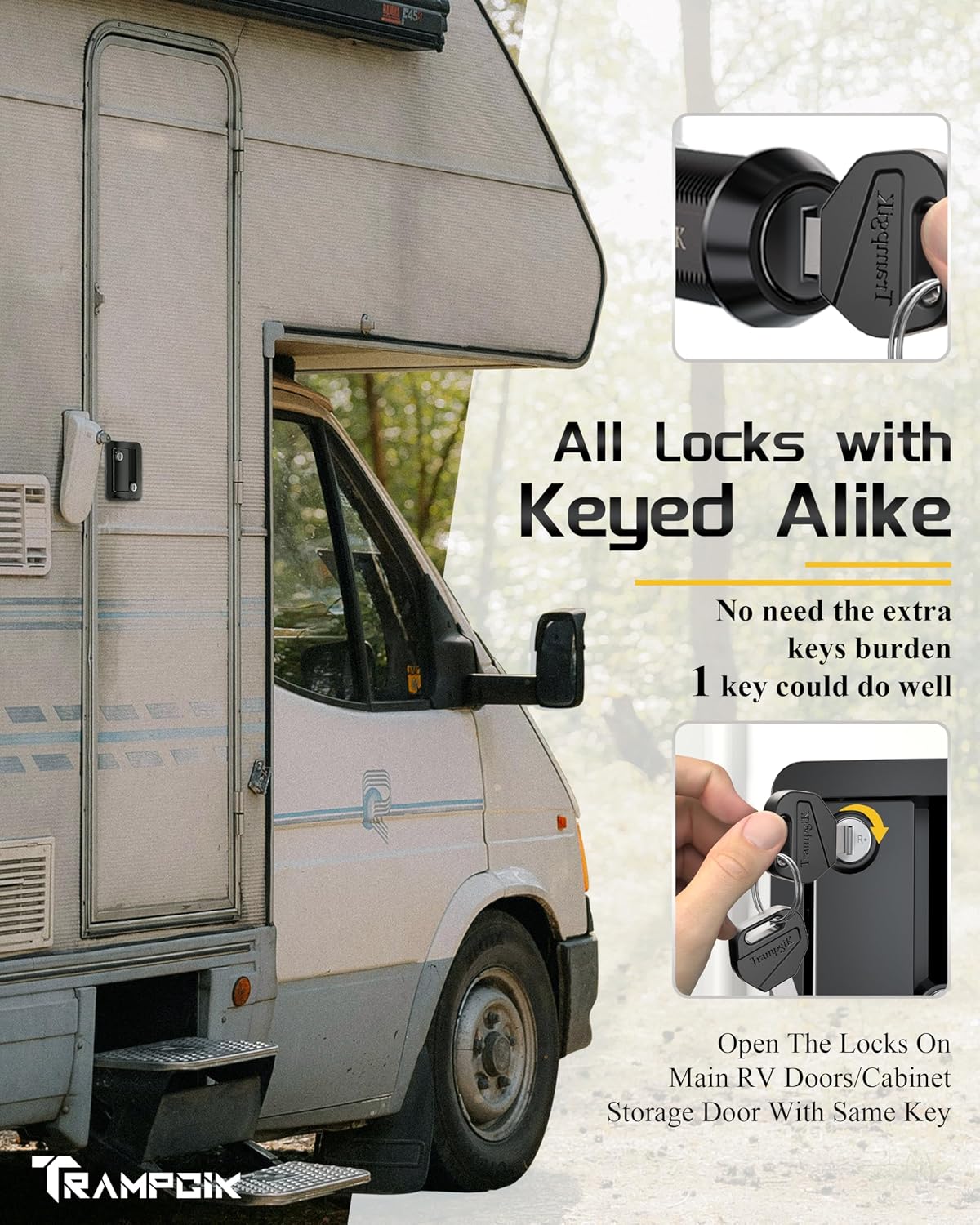 RV Door Lock Set, for RV Camper,Travel Trailer Entrance Front Door,1 Plastic Camper Door Lock + 2pcs Storage Locks, 1 1/8Inch Size, Black,All Keyed Alike