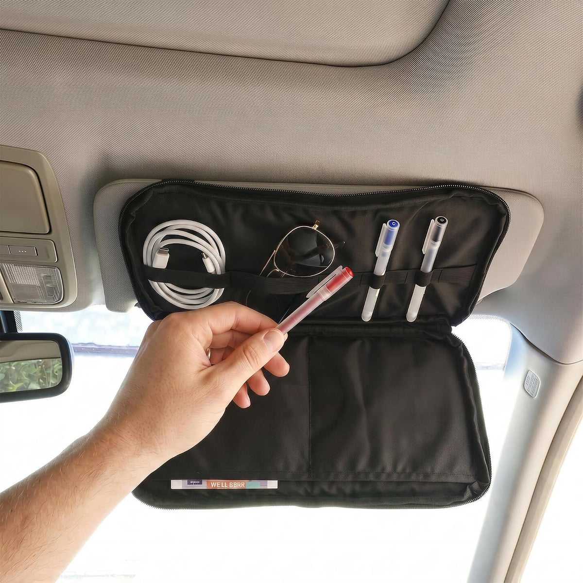 Car Visor Organizer – Non-Sag Adjustable Straps – Nylon Sun Visor Storage Pouch with Card Holders, Pen Slots & Mesh Pockets – Universal Fit for Most Cars, Trucks & SUVs