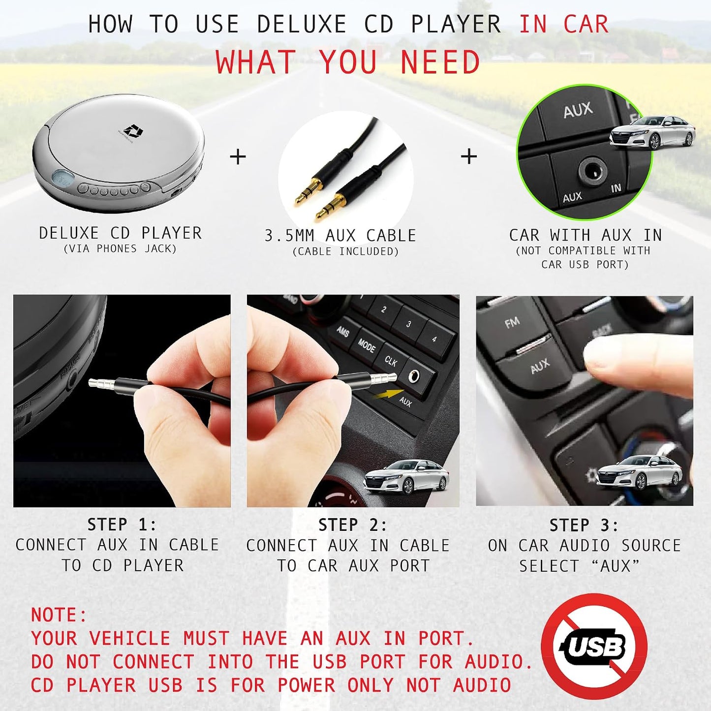 Deluxe Products CD Player Portable with 60 Second Anti Skip, Stereo Earbuds, Includes Aux in Cable and AC USB Power Cable for use at Home or in Car. Silver