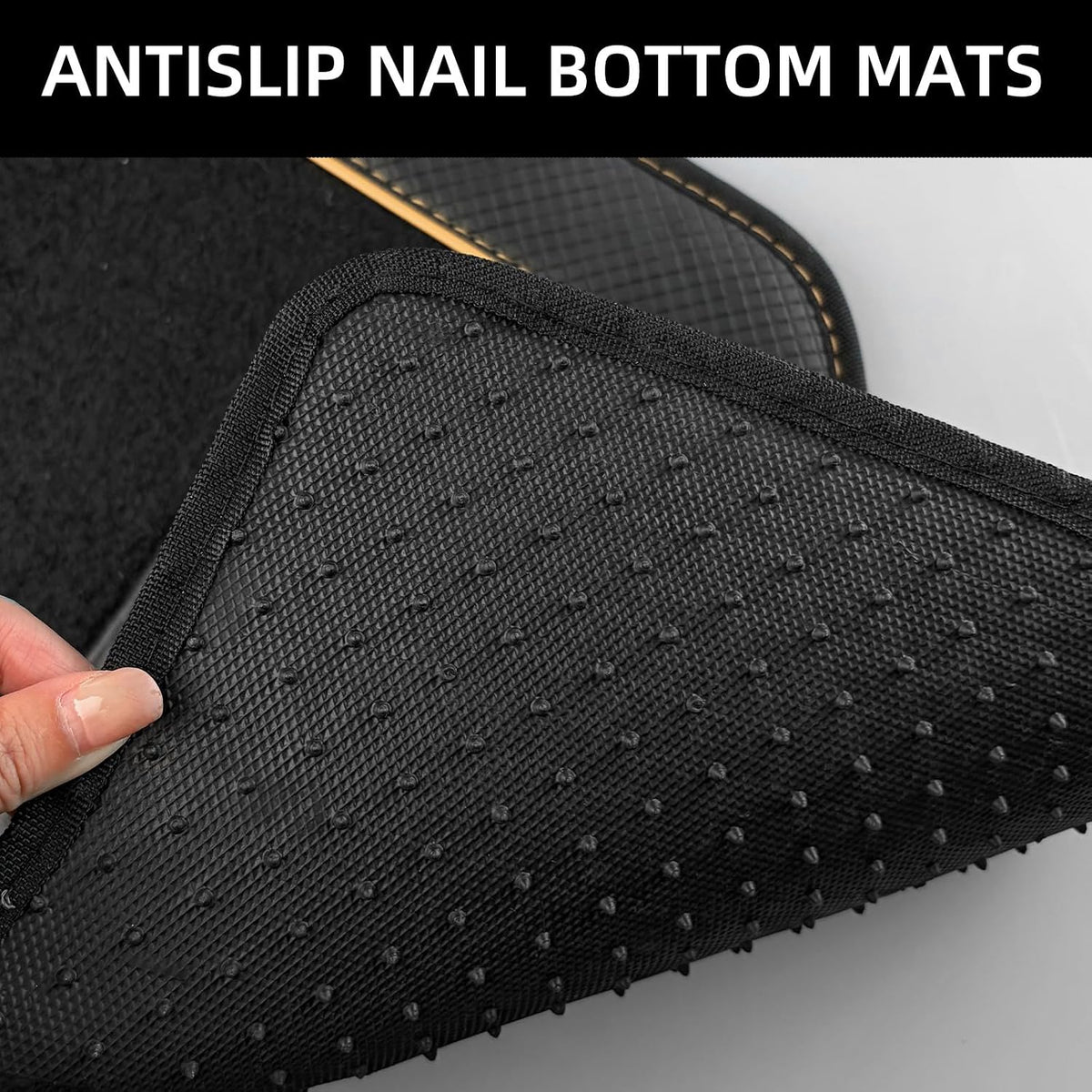 NBTEPEM Waterproof Universal Fit Car Floor Mats, Faux Leather Sporty Car Carpet Mats with Anti-Slip Nibbs Backing & Driver Heel Pad Fit for SUV, Vans, Sedans, Trucks, Set of 4 (Black with Beige line)