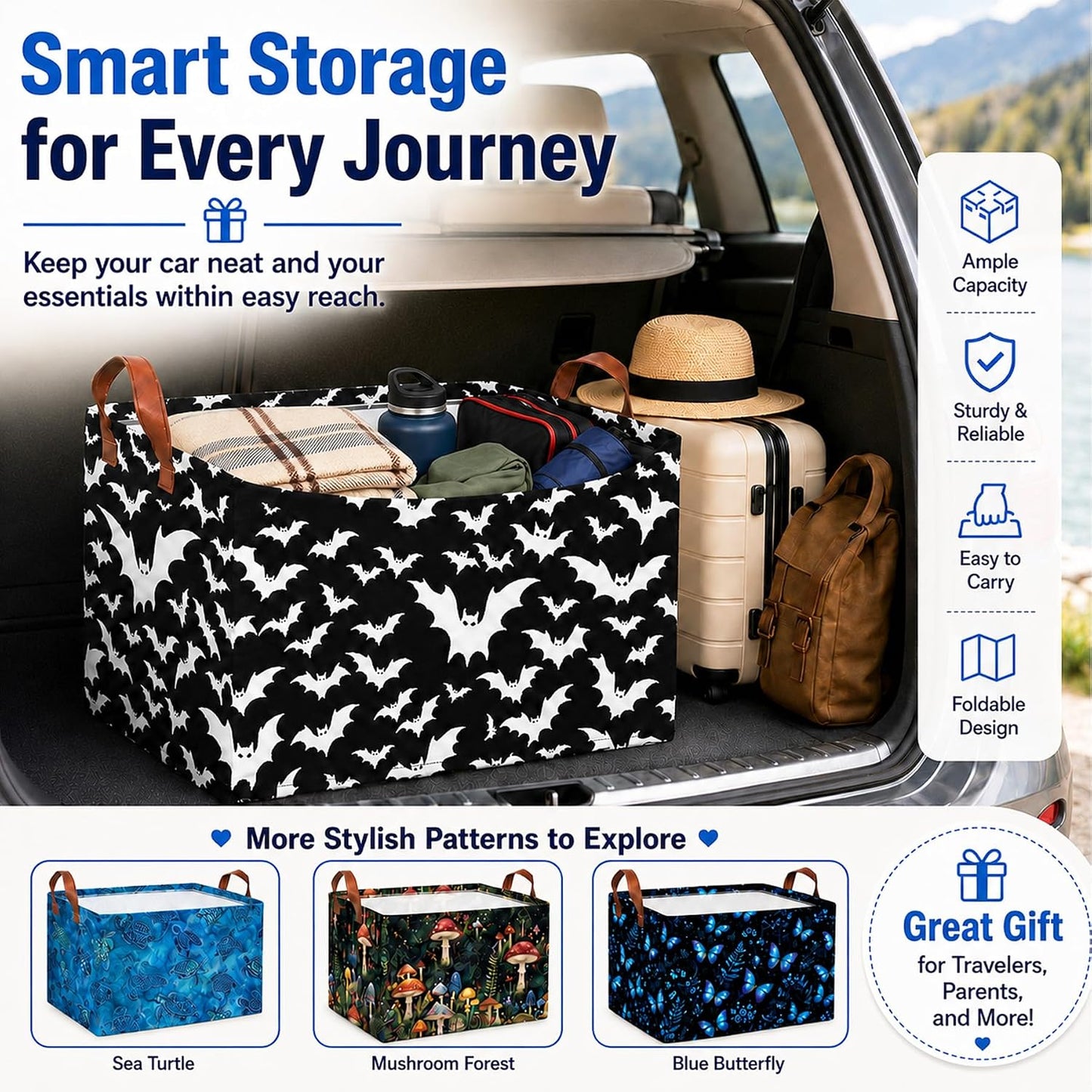 Bat Car Trunk Organizer,20L Collapsible Auto Storage Basket with Handles | Waterproof Soft Storage Chest,Shopping Grocery Bags Rectangle Fabric Bins Storage Box for Car SUV,Bat Gifts for Driver