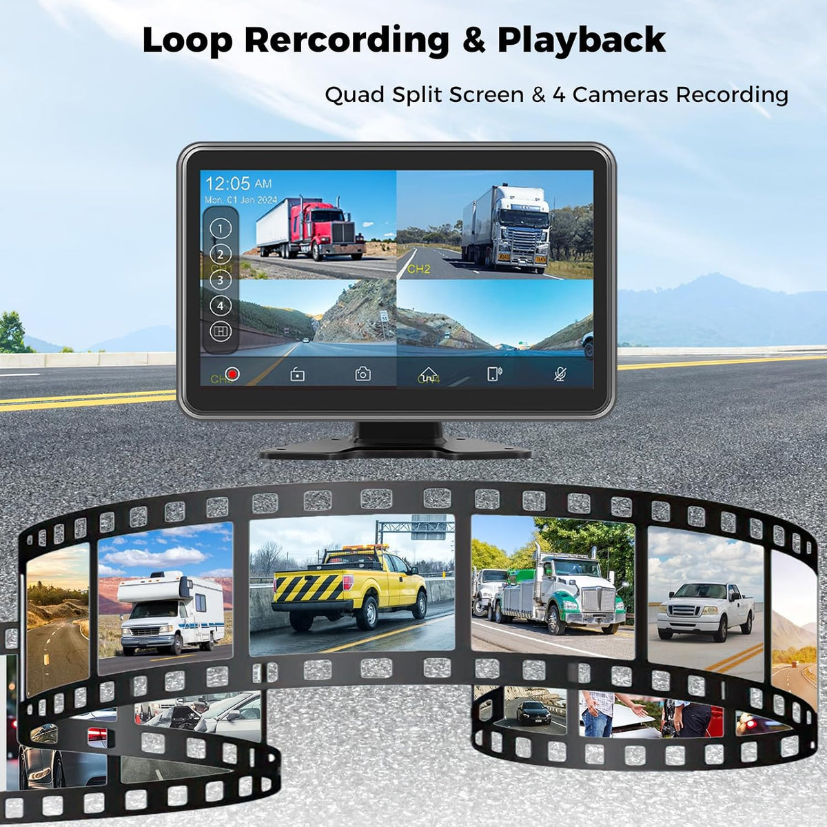 RV Truck Camera System with CarPlay & Android Auto,4 Channel HD1080P IP68 Wired Backup Camera for Semi Trucks, RVs, Trailers, 10'' Touch Screen with DVR Recording & 64GB Micro SD Card.