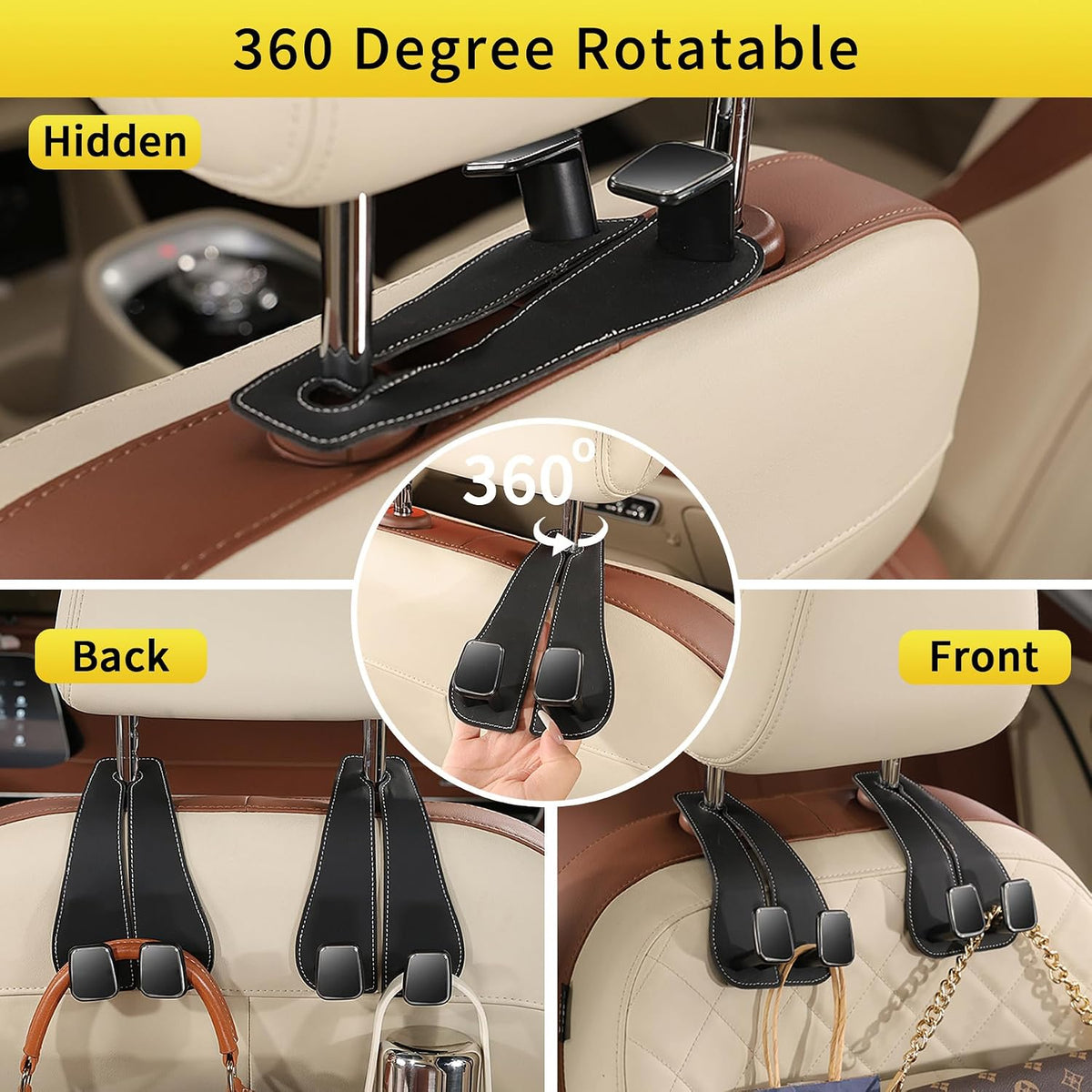 WEIHAO Wide Purse Hook for Car, Twin Hook Leather Car Headrest Hangers, Car Seat Back Storage Hook, Headrest Hooks Purse Bag Holder for Car Universal Fit Sedan Trucks SUVs Most Vehicles (Black-2PCS)