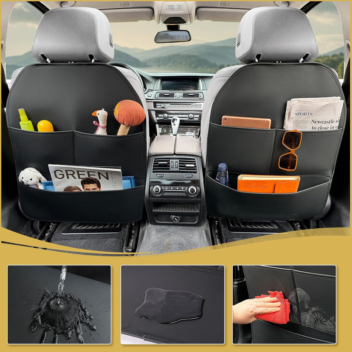 2Pack Seat Back Protectors for Kids, Car Kick Mats for Front Seats, Black